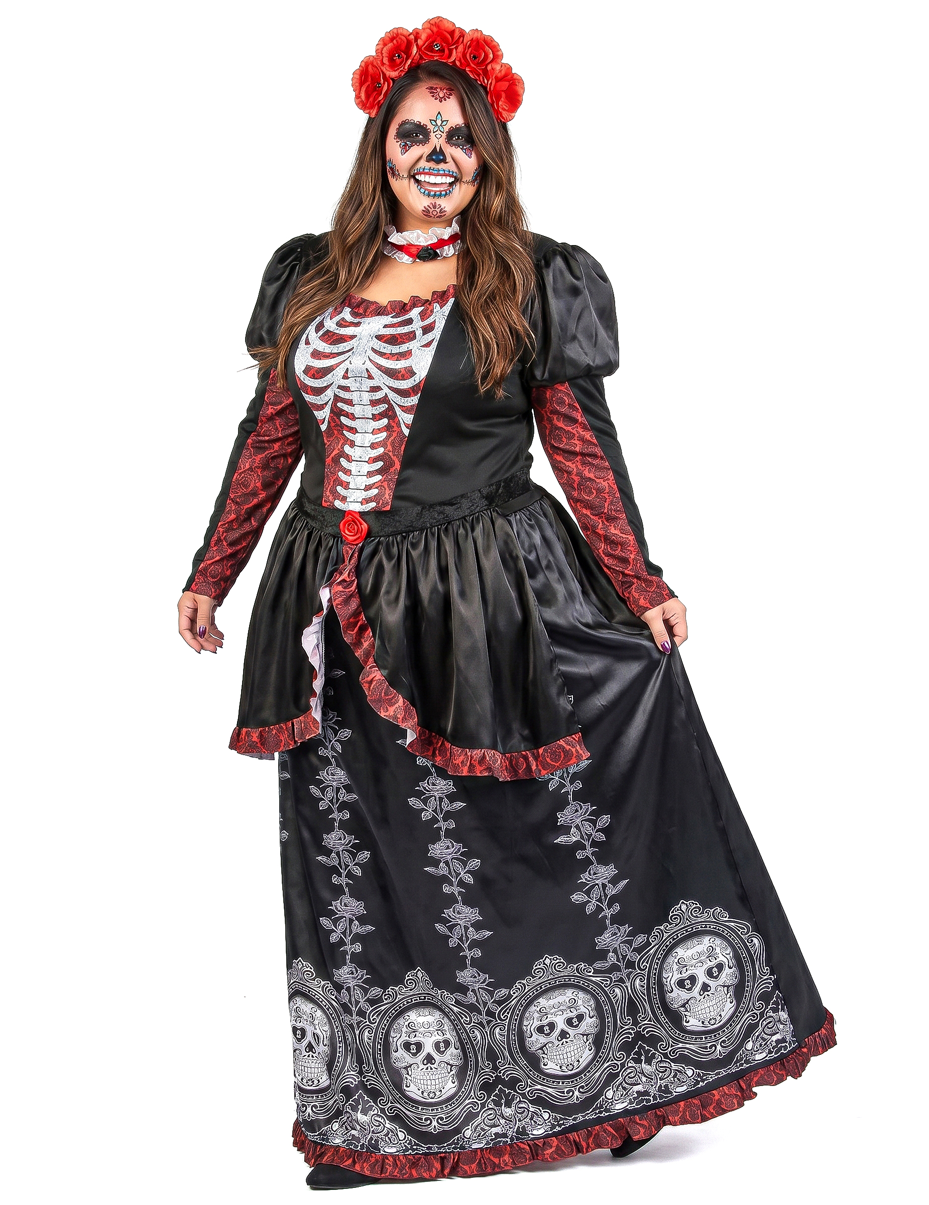 Dia de los muertos Damenkostüm Plus Size für Frauen schwarz-rot