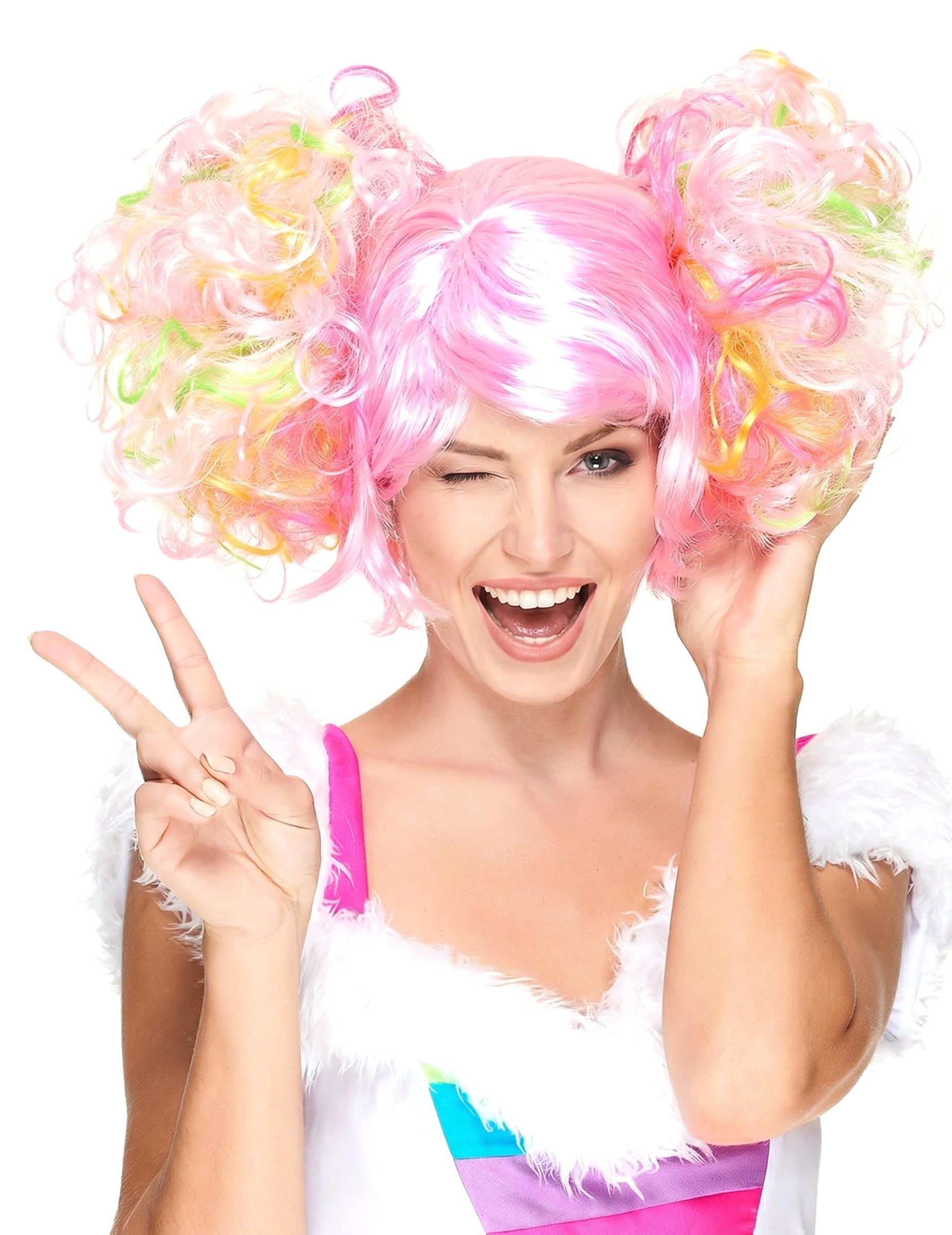 Disco-Perücke mit Zöpfen rosa-bunt