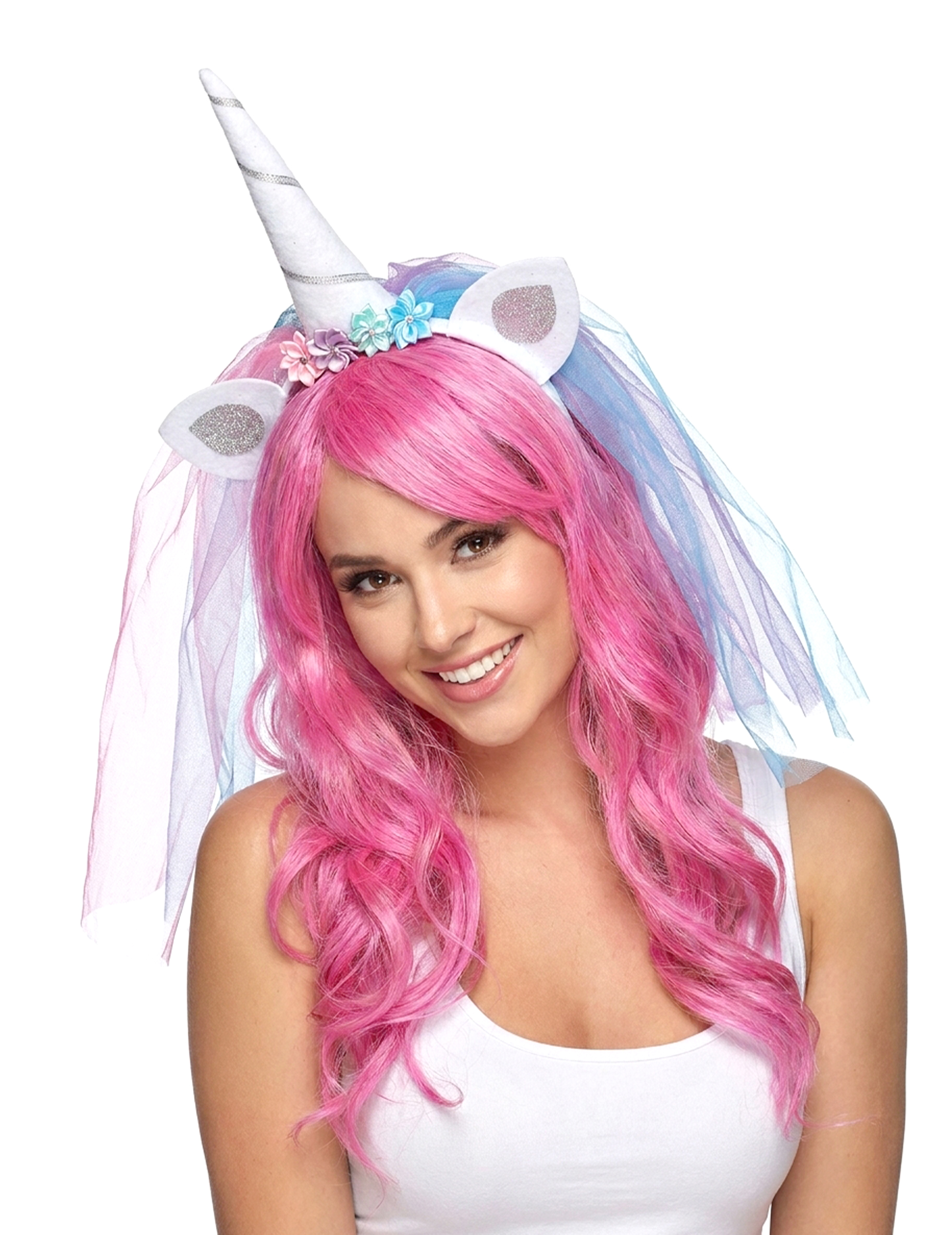 Einhorn-Haarreif mit Schleier weiss-blau-rosa