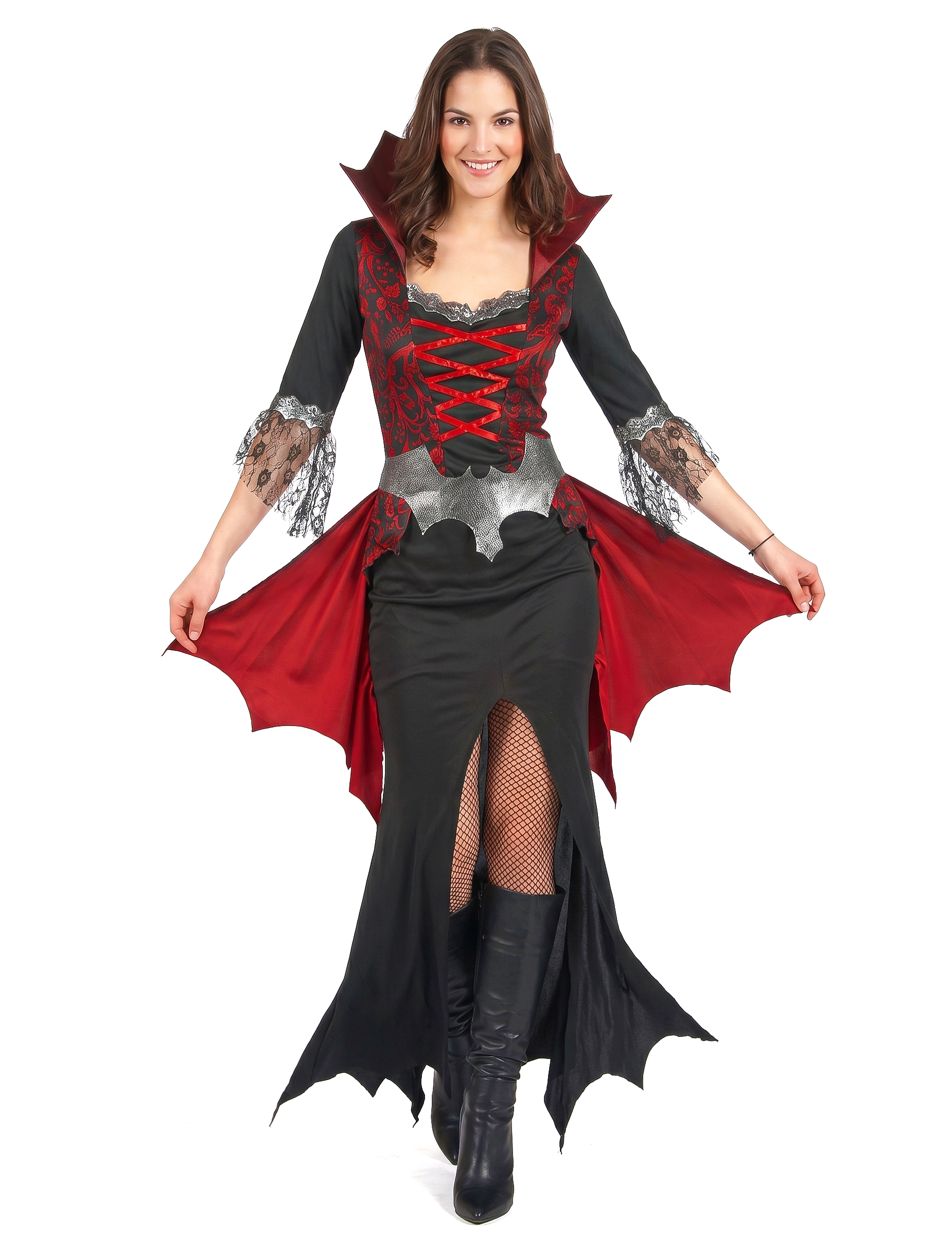 Elegantes Barock-Vampirkostüm für Damen schwarz-rot-grau