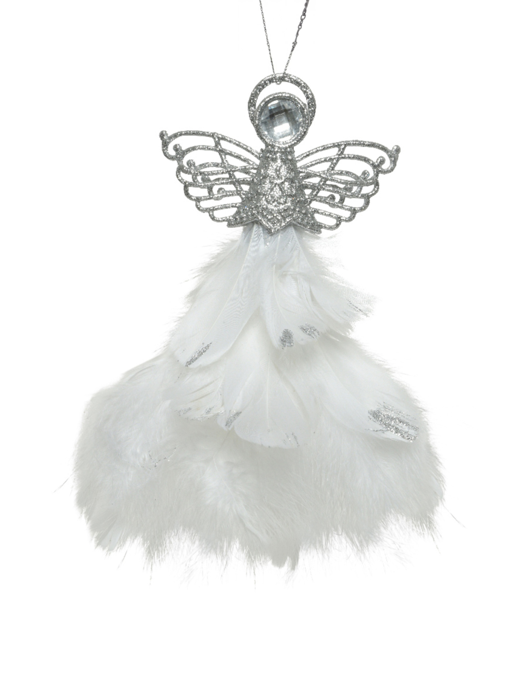 Engel-Anhänger mit Federn silber 21 cm