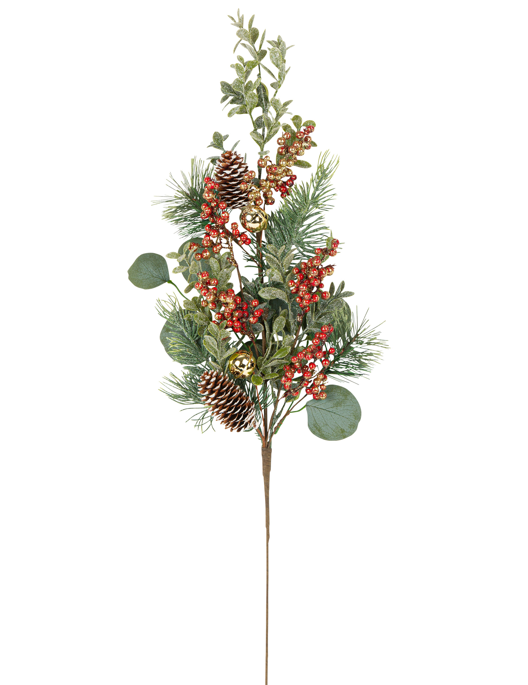 Eukalyptuszweig mit Beeren und Glocken Weihnachts-Tischdeko grün-rot-goldfarben 70 cm
