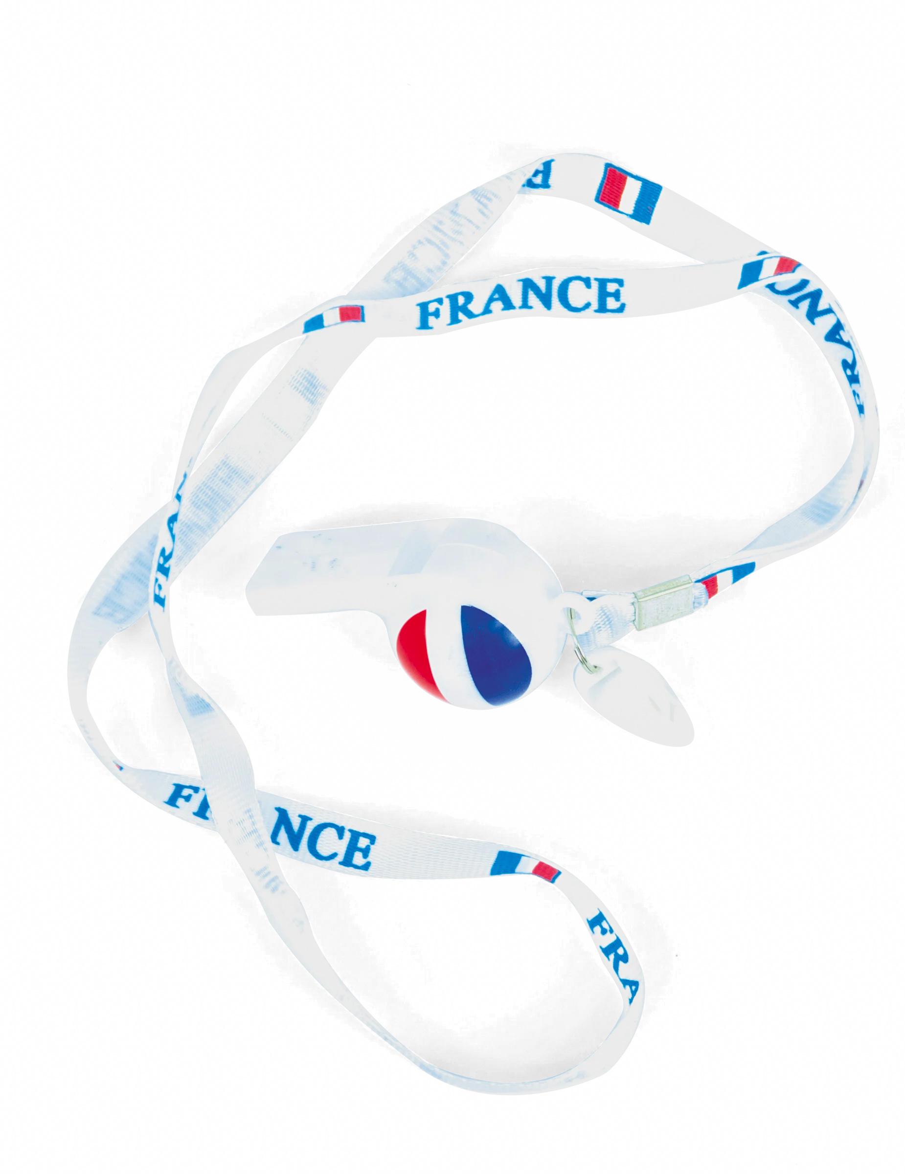 Fan-Set Frankreich Pfeife mit Umhängeband Erwachsene weiß-blau-rot