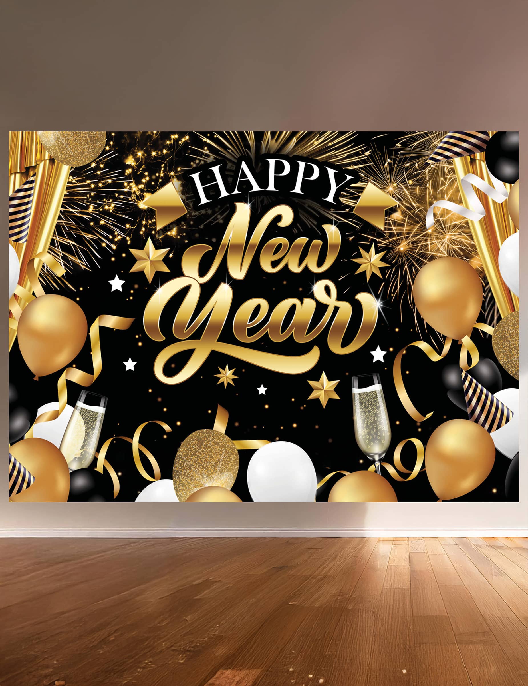 Fotohintergrund Happy New Year Schwarz Gold 220 x 150 cm