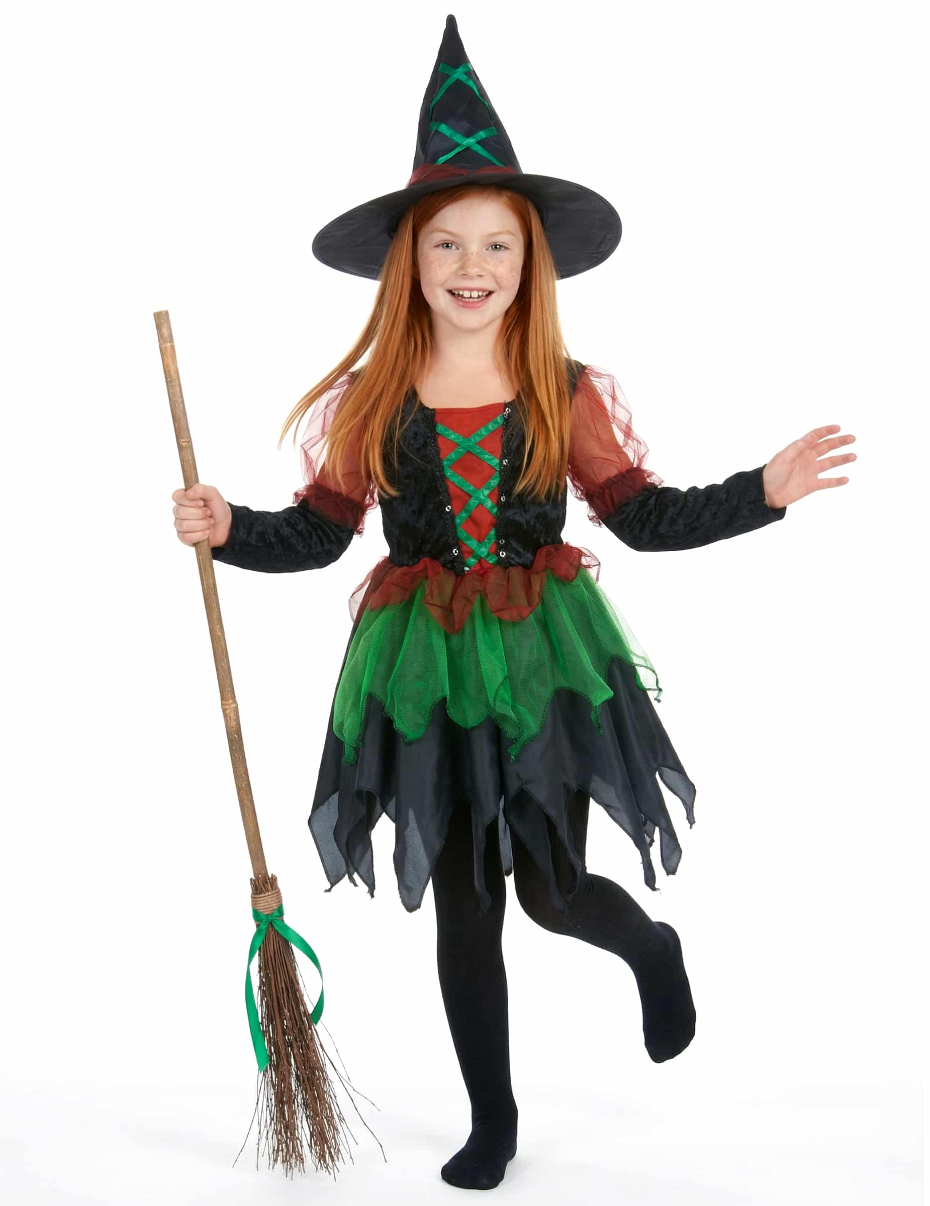 Freches Hexen-Kostüm für Mädchen Halloween-Kostüm schwarz-rot-grün