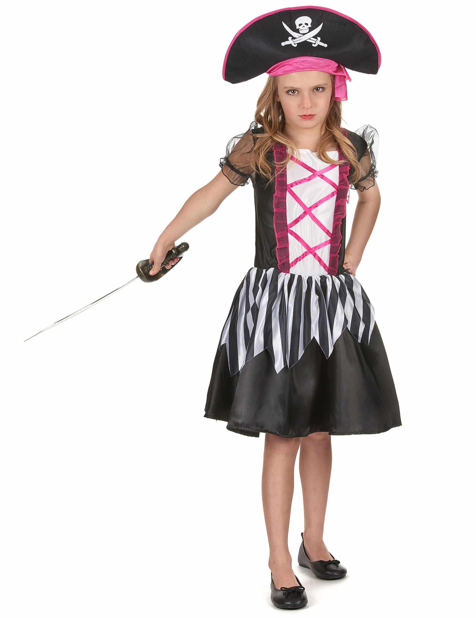 Furchtlose Piratin Kinderkostüm pink-schwarz-weiss