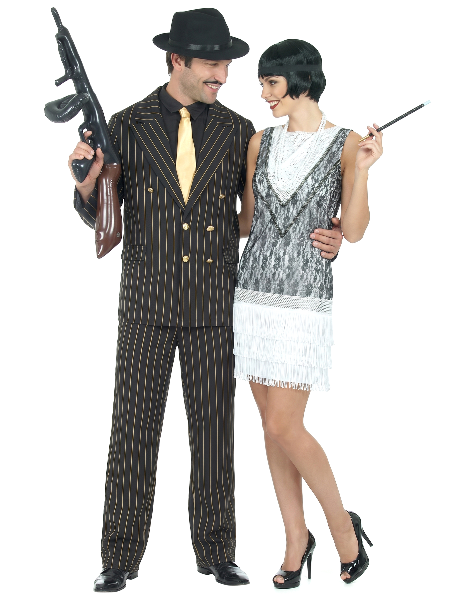 Gangster Pärchen Gruppenkostüm-Set schwarz-weiss-lila