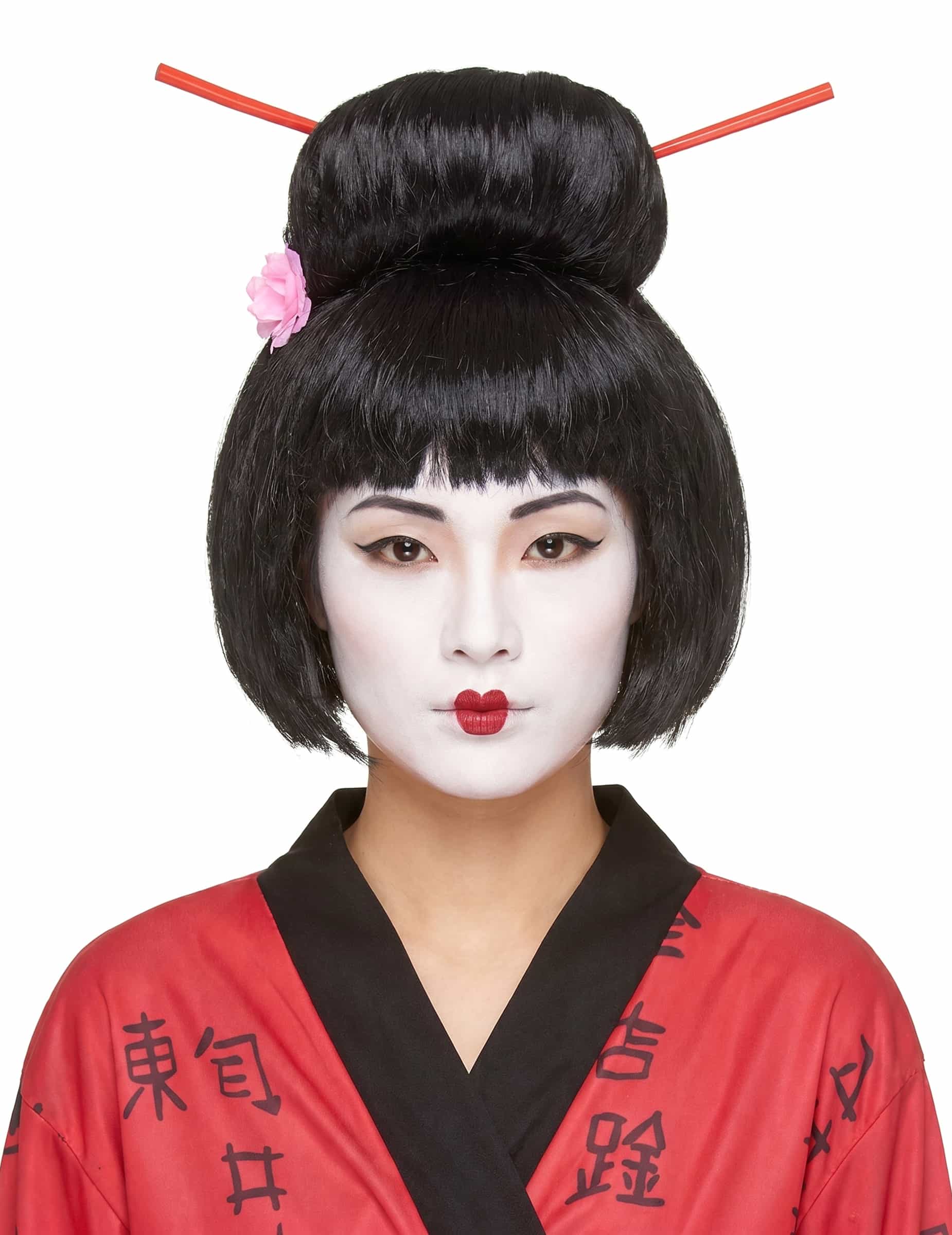 Geisha Damenperücke schwarz-rot-rosa