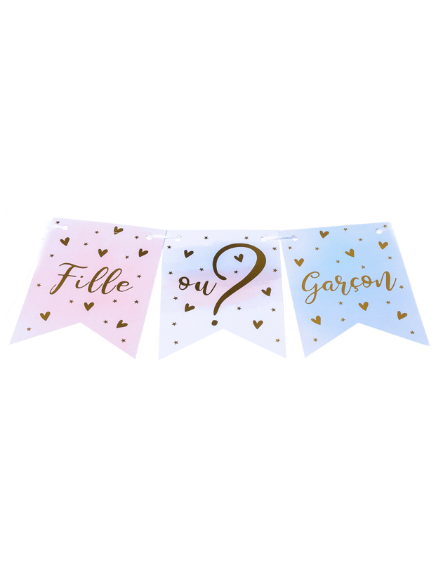 Gender Reveal Girlande 11 Wimpel Rosa Blau Gold 13 x 18 cm - Junge oder Mädchen?
