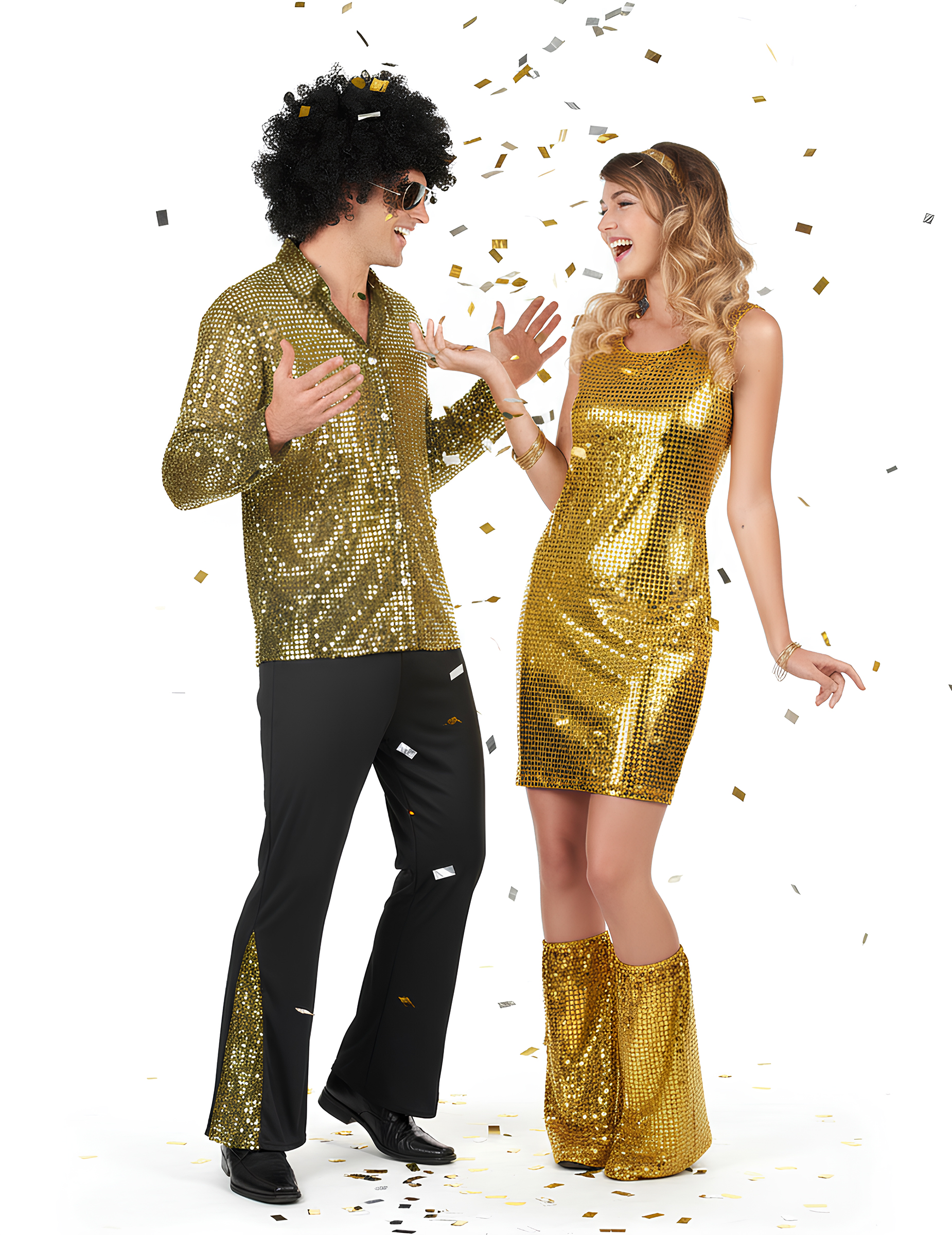 Glänzendes 70er-Jahre Paarkostüm mit Pailletten gold-schwarz