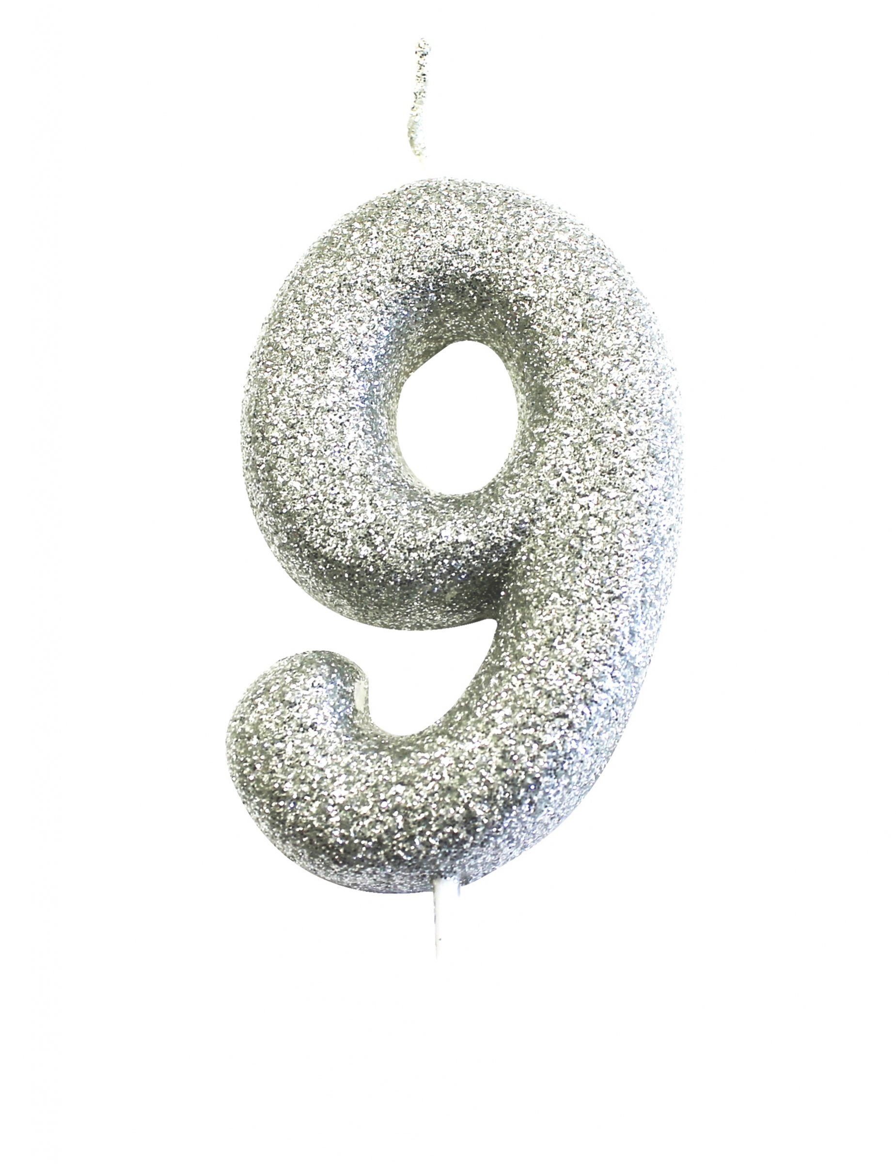 Glitzer-Zahlkerze 9 in Silber mit Piekser - 7 cm Geburtstagskerze