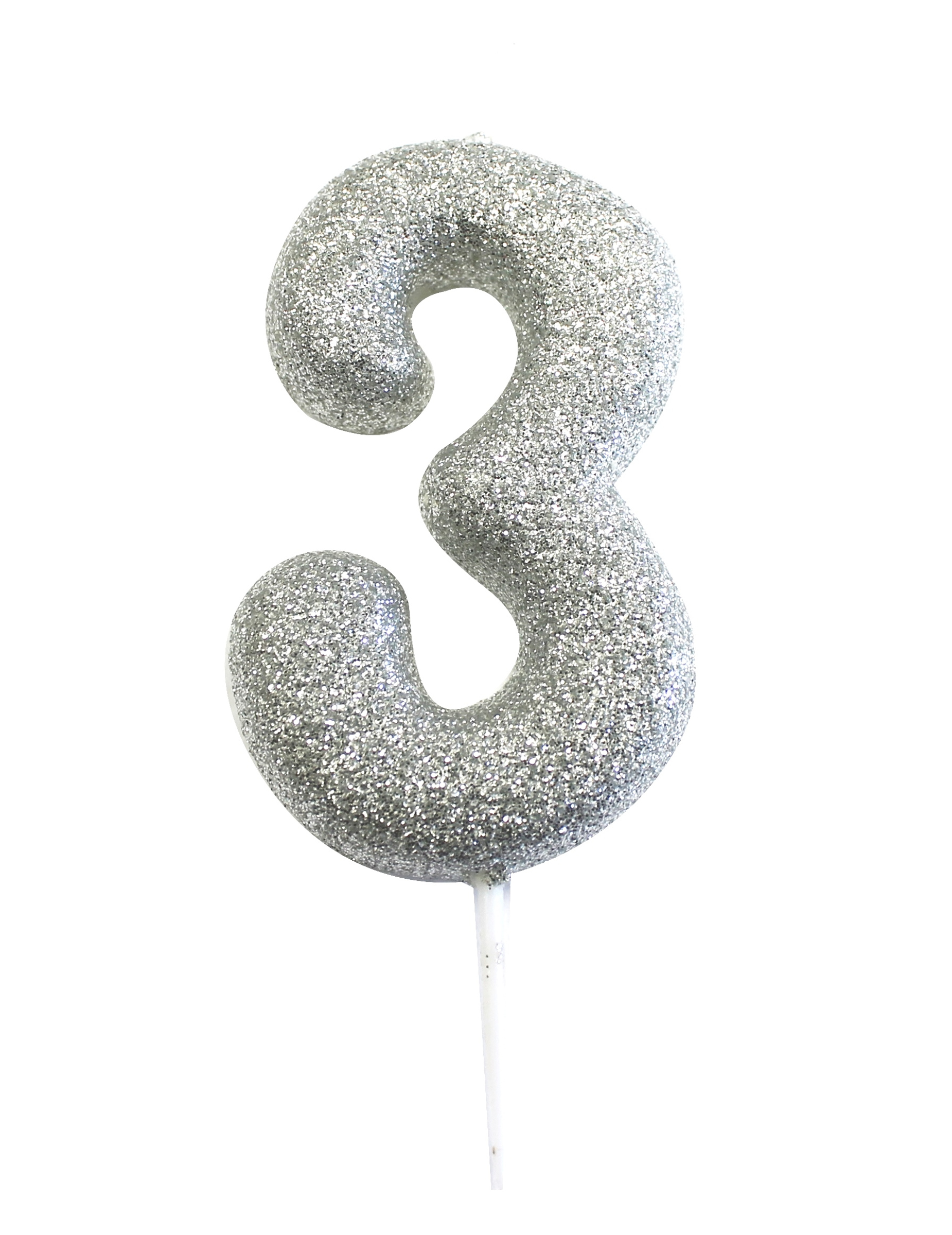 Glitzernde Tortenkerze Zahl 3 in Silber 7 cm für Geburtstage