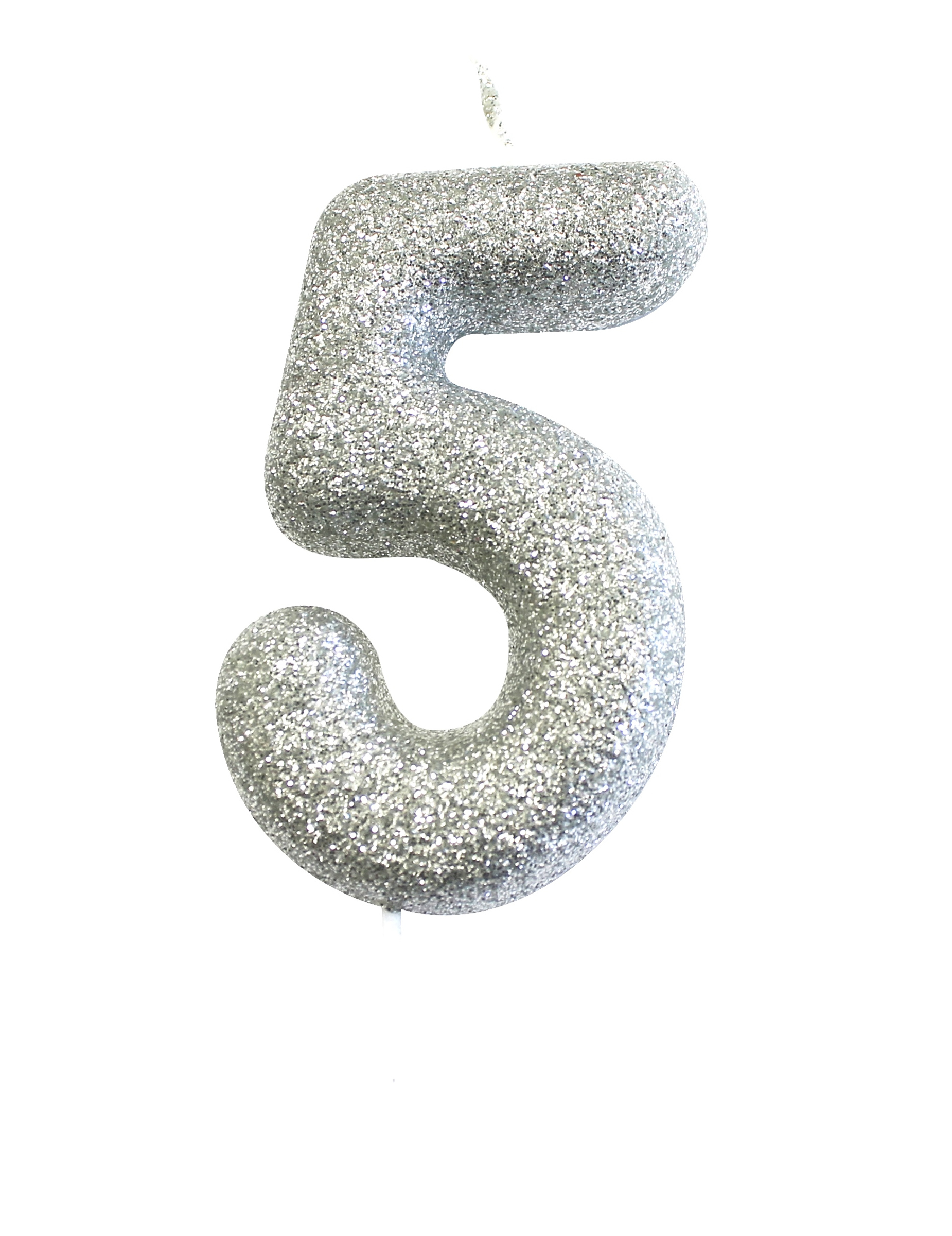 Glitzernde Zahlenkerze 5 in Silber auf Spieß 7 cm für Kuchen