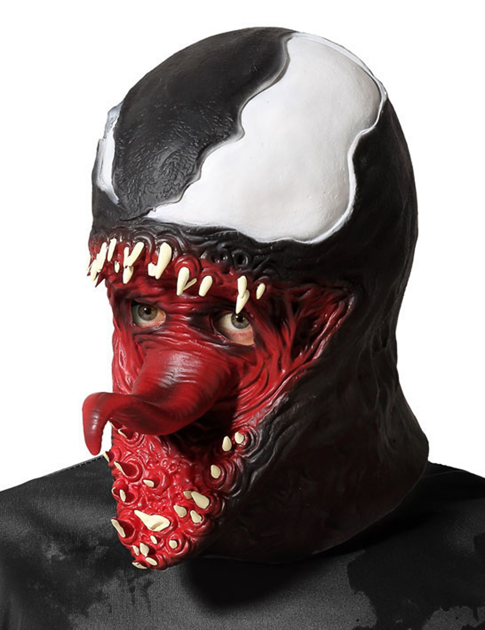 Gruseliges Superschurken-Spinnenmonster Latexmaske für Erwachsene schwarz-weiß-rot