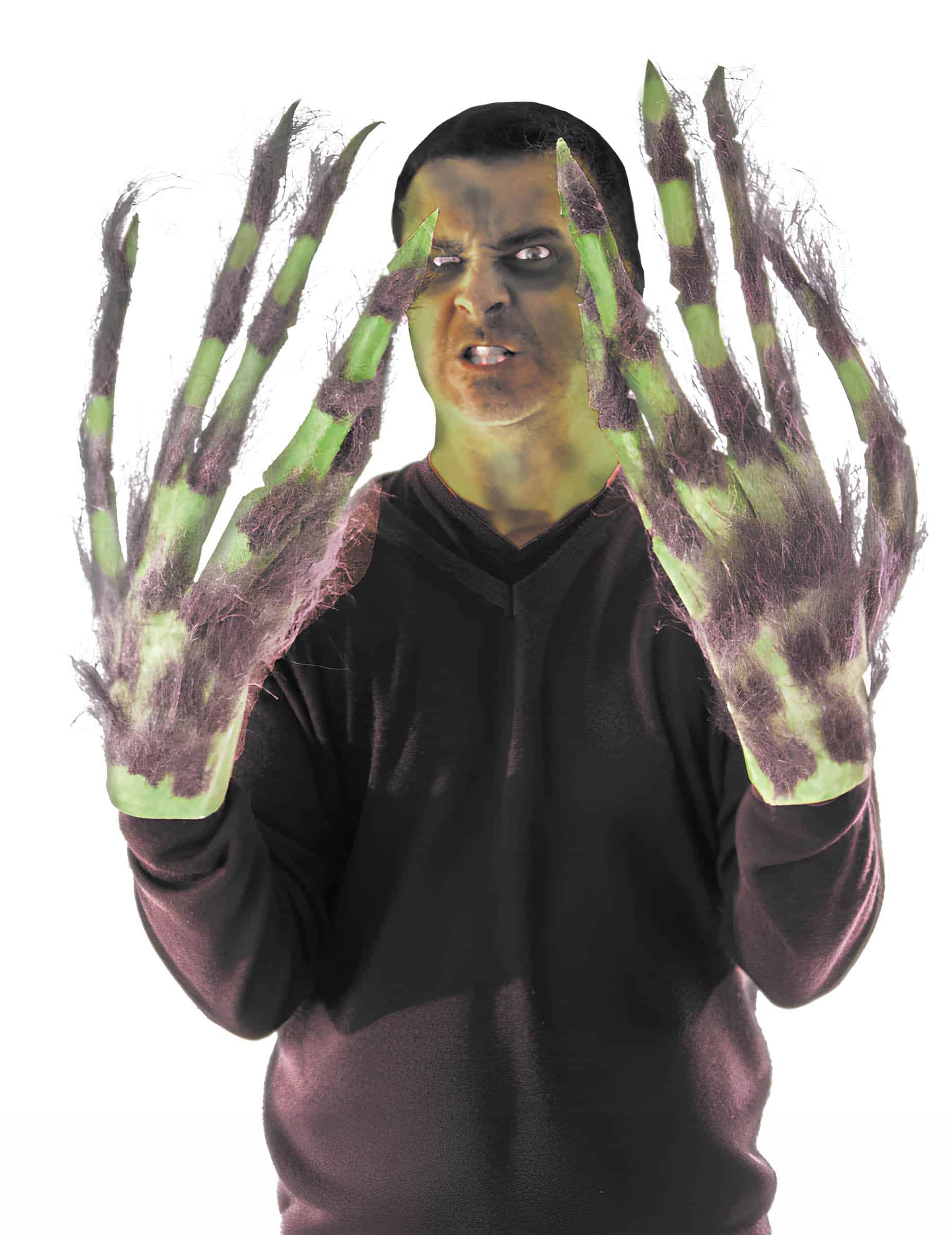 Haarige Troll Handschuhe grün für Erwachsene