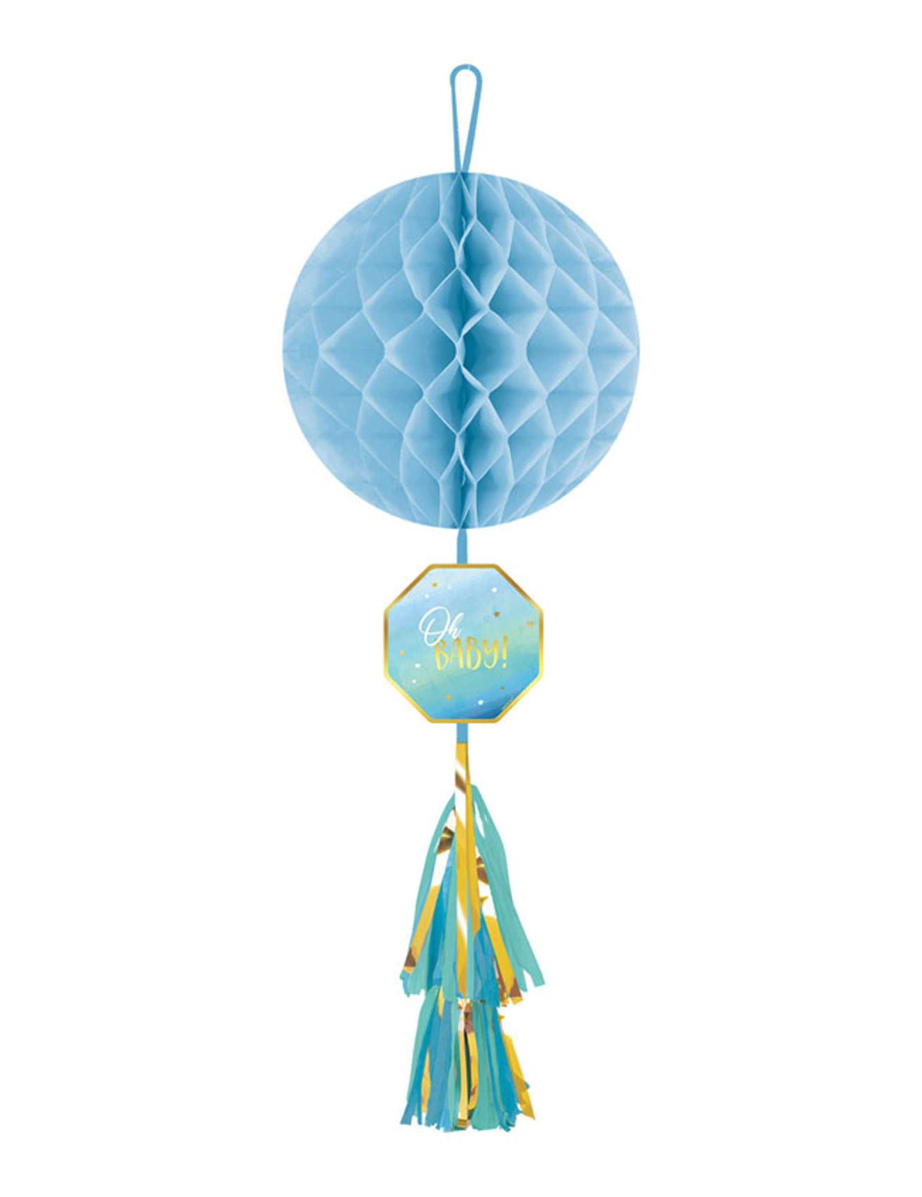 Hängedekoration Oh Baby Wabenpapier Blau + Gold mit Quaste 75 cm Babyparty