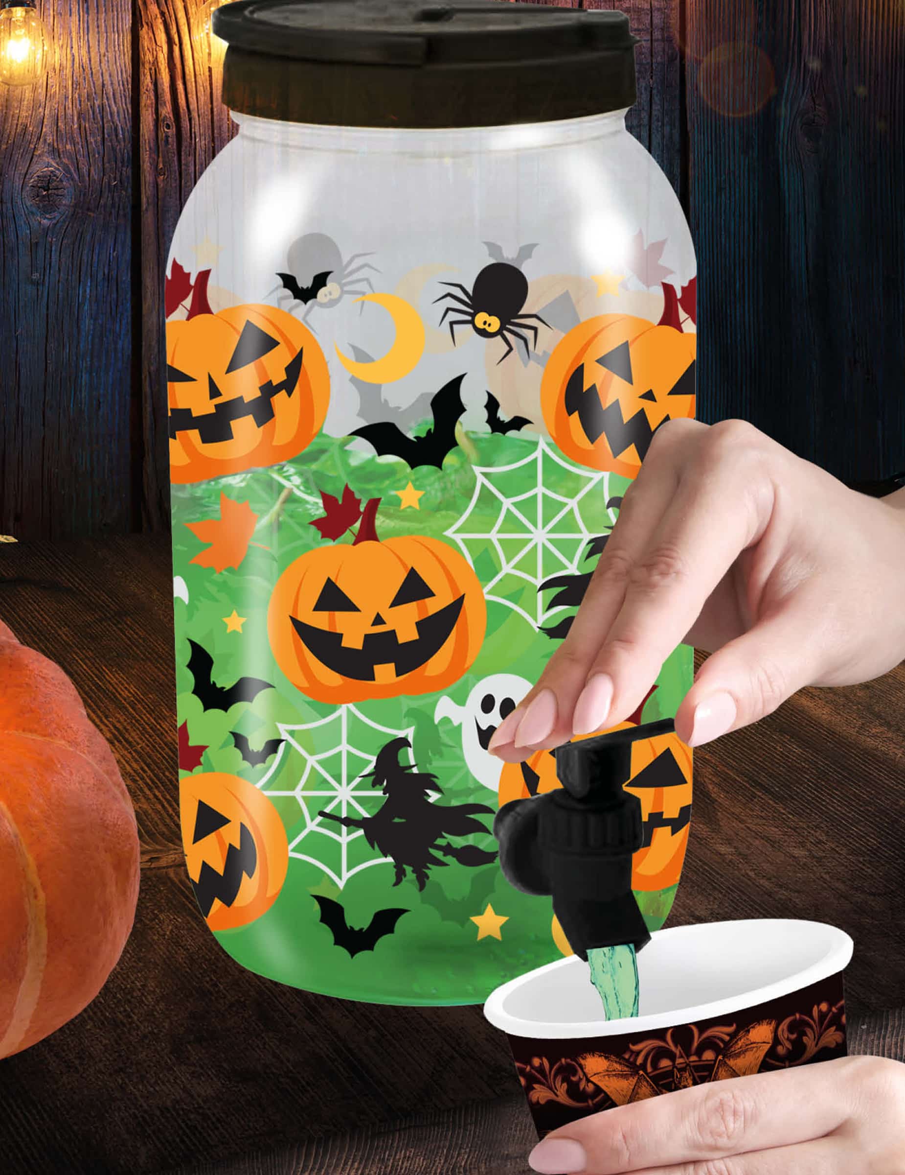 Halloween Getränkespender mit Kürbis und Fledermaus Motiven
