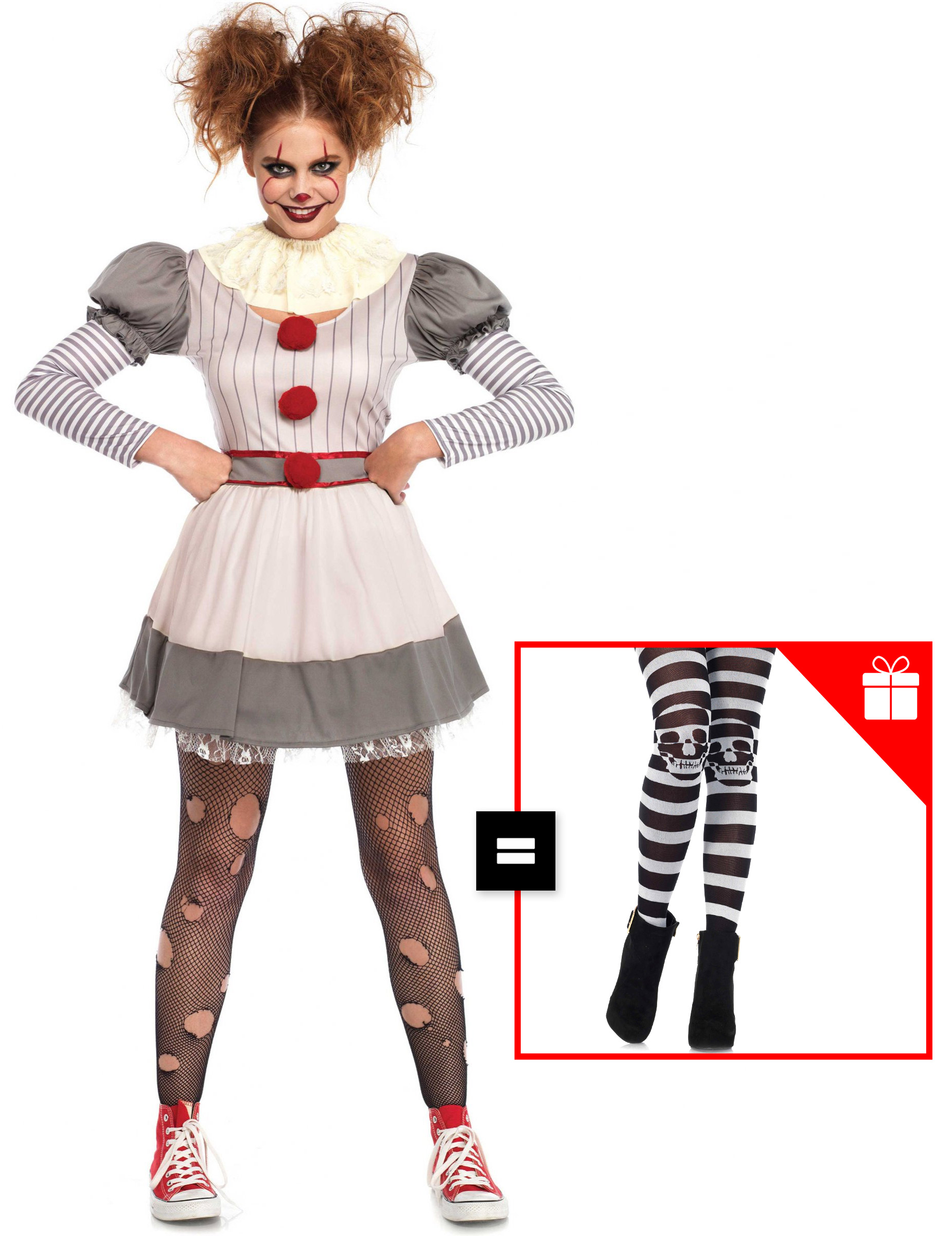 Halloween Horrorclown Damenkostüm in grau weiß rot