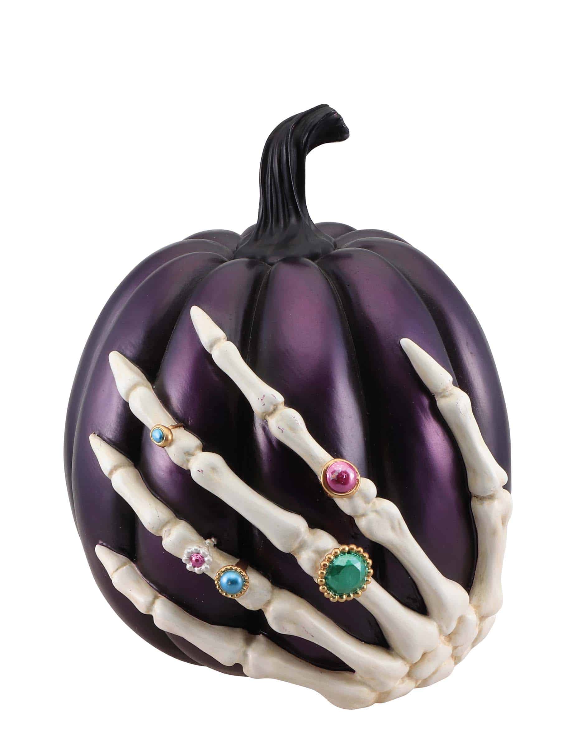 Halloween Kürbis Lila mit Skelett Hand 27cm