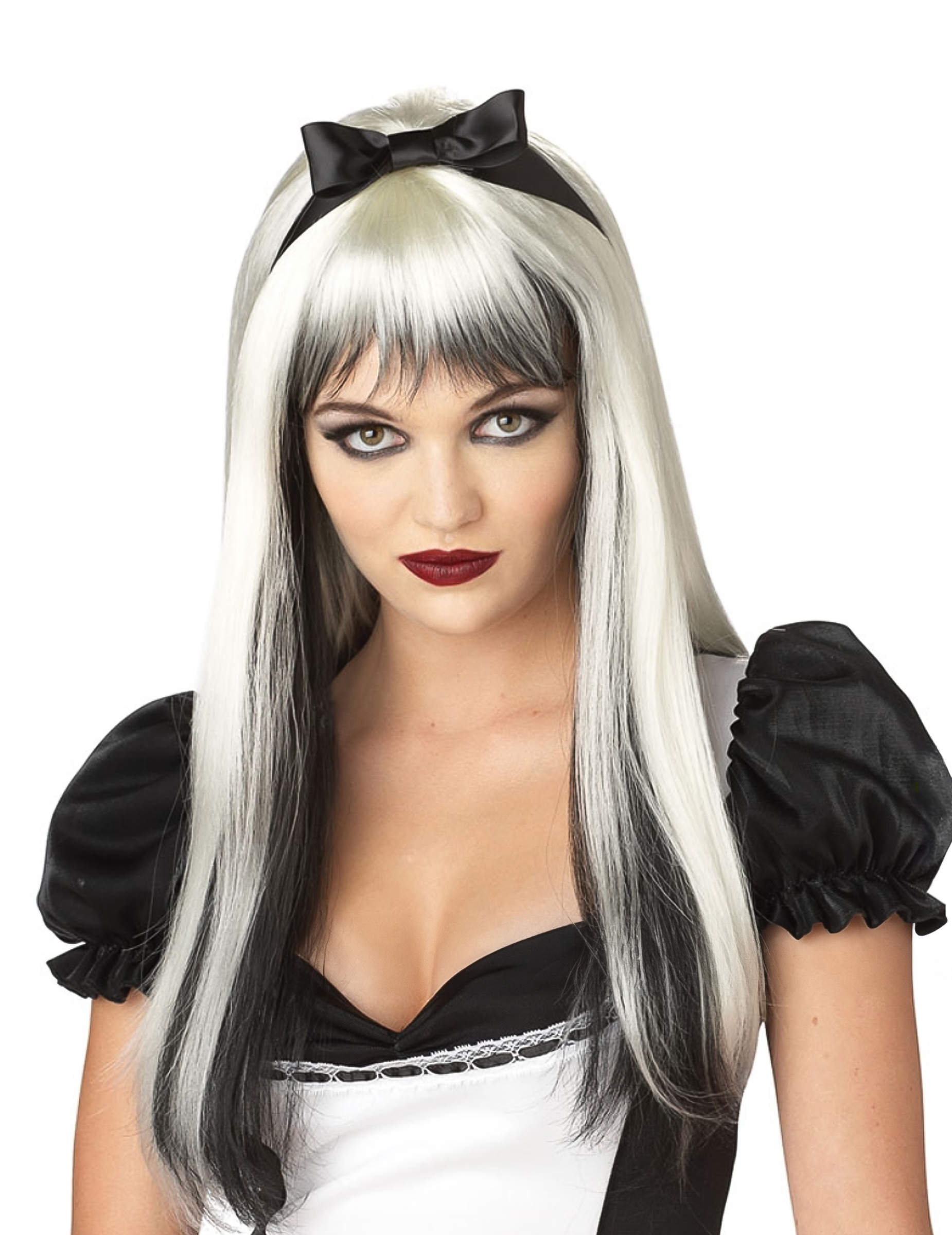 Halloween Langhaar Perücke mit Strähnen weiß-schwarz