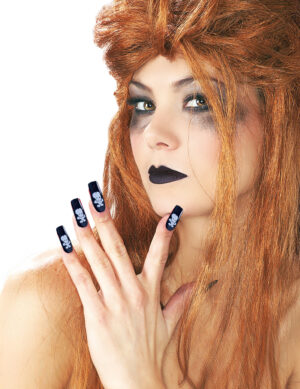 Halloween-Set Lippenstift und künstliche Nägel schwarz-weiss