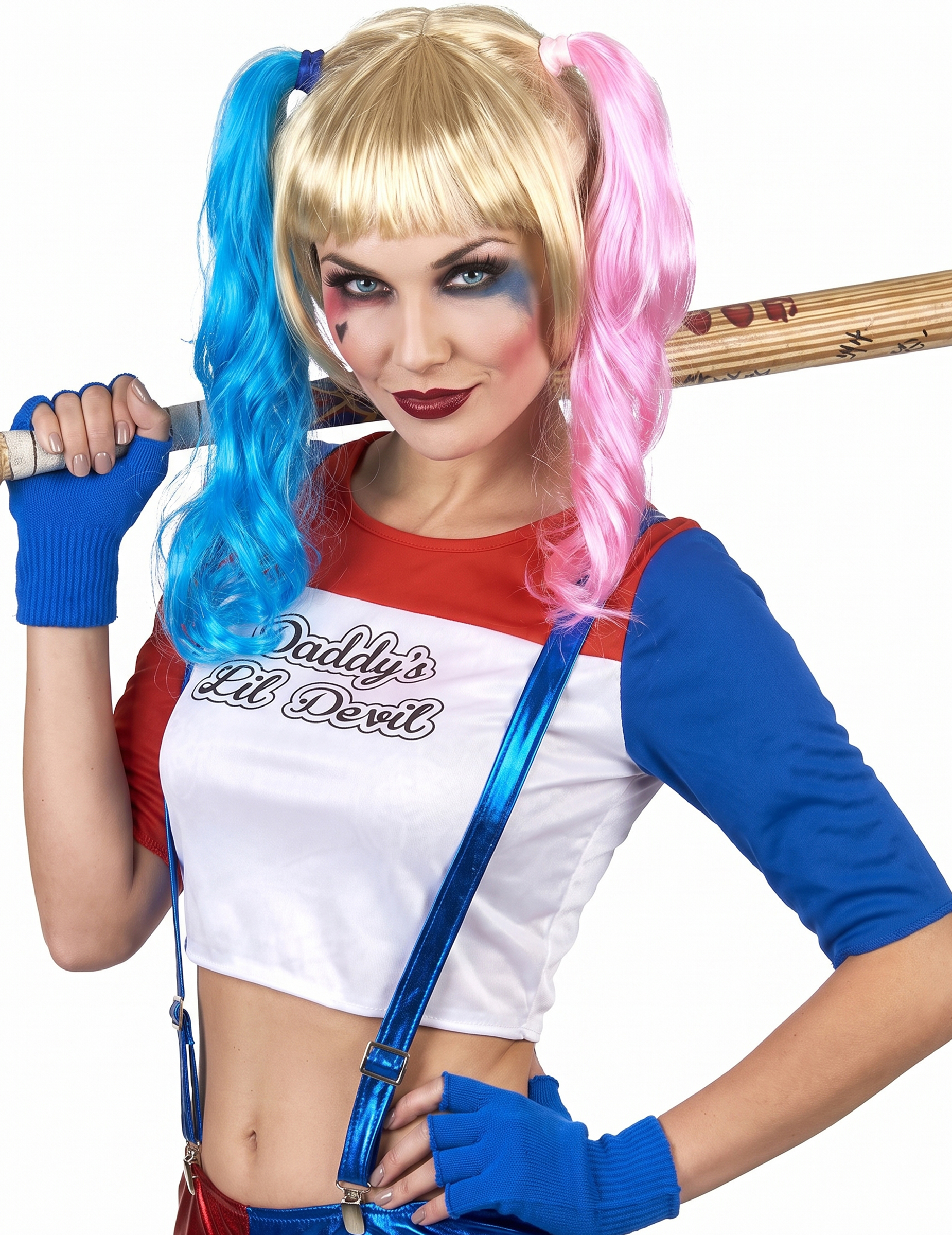 Harlekin Perücke mit Zöpfen blond-blau-rosa