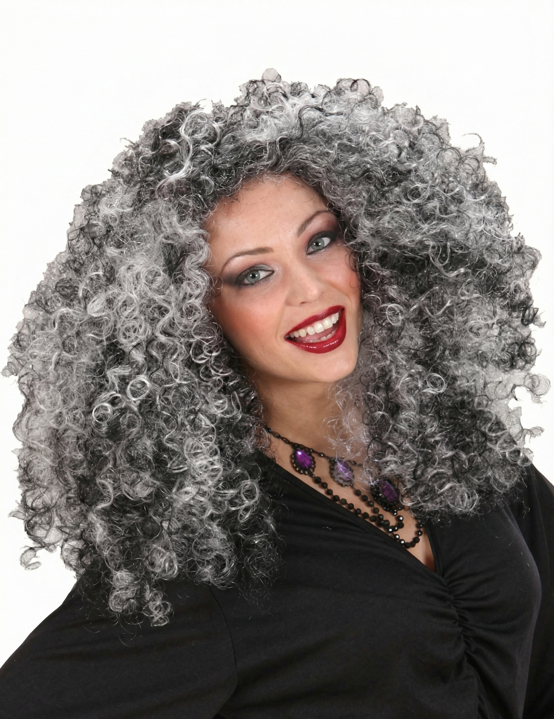 Hexe Locken-Perücke grau-schwarz