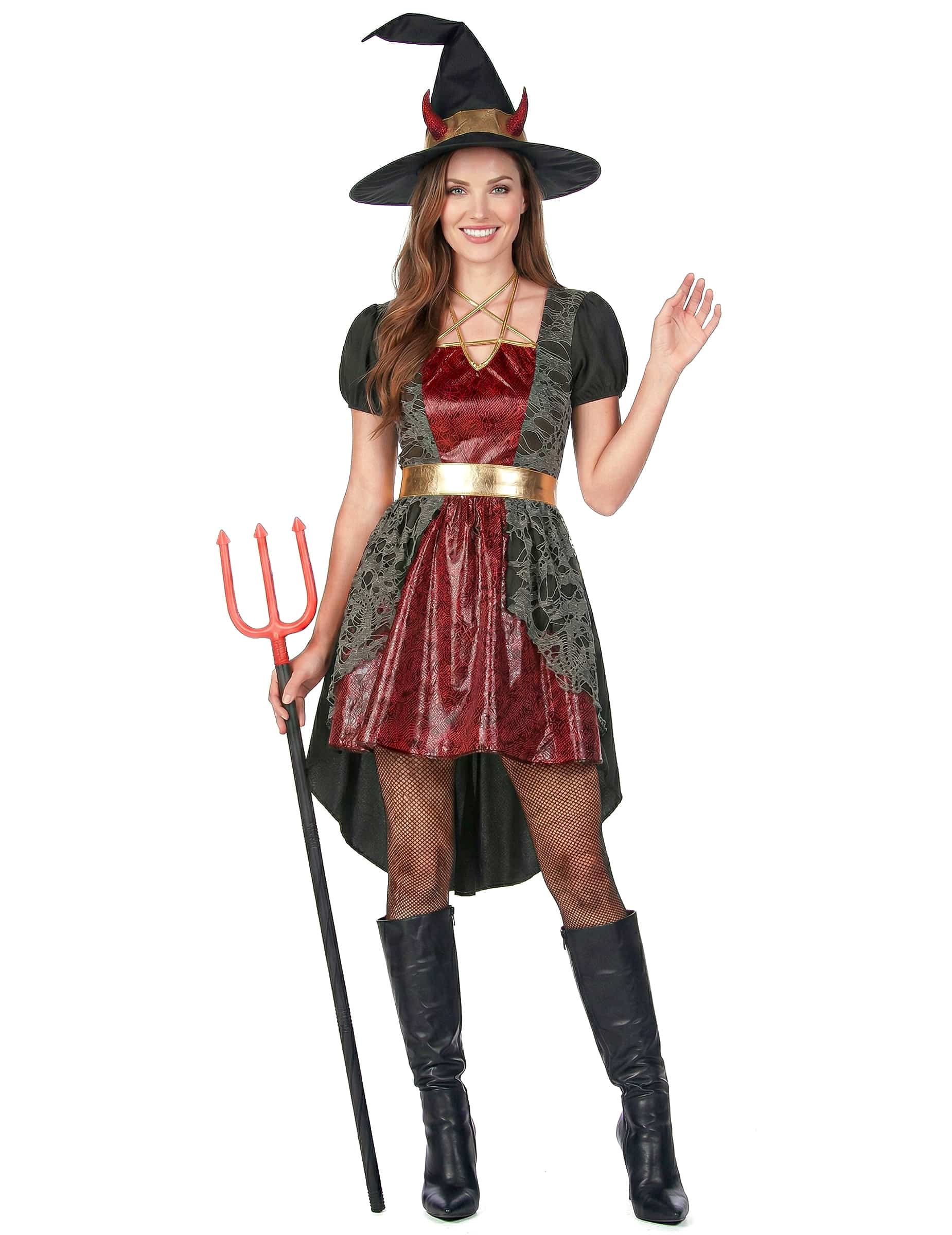 Hexenkostüm für Damen 3-teilig schwarz-rot-grau-gold