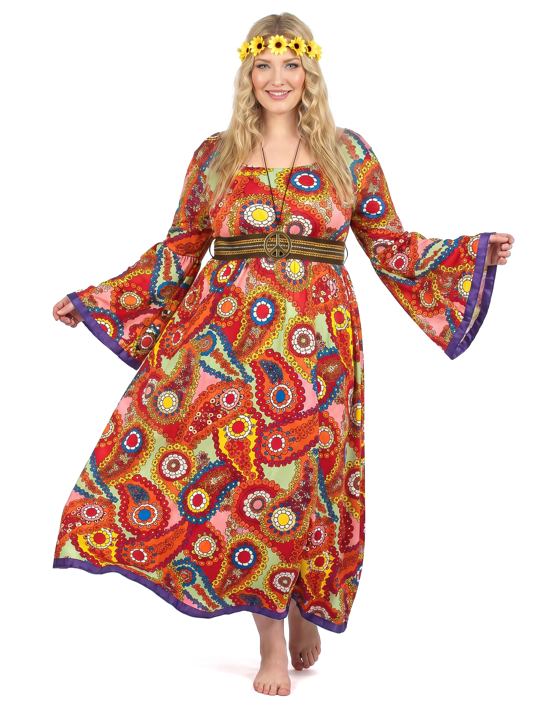 Hippie-Damenkostüm in Übergröße Flower-Power bunt
