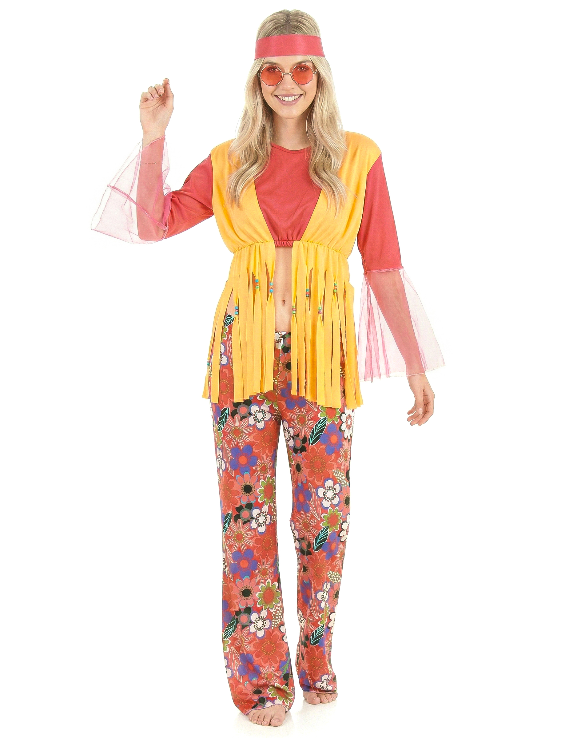 Hippie-Damenkostüm mit Fransenweste pink-orange-bunt