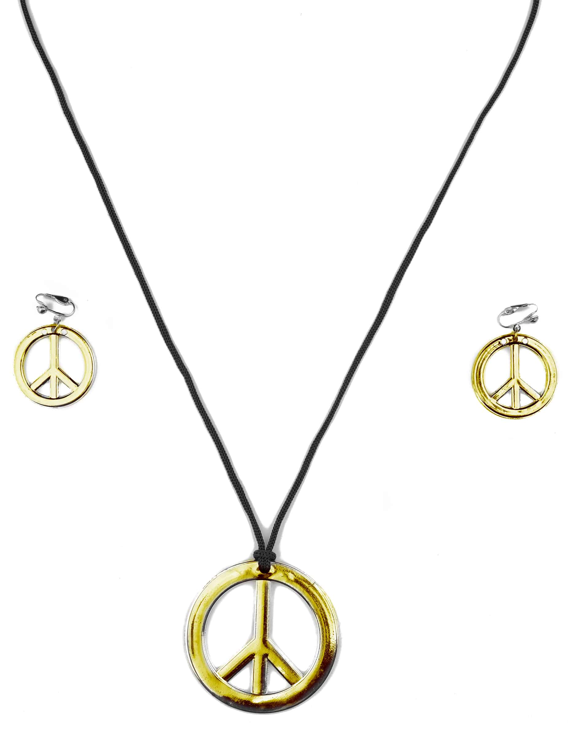 Hippie Peace Set Ohrringe Clips und Halskette braun-silber