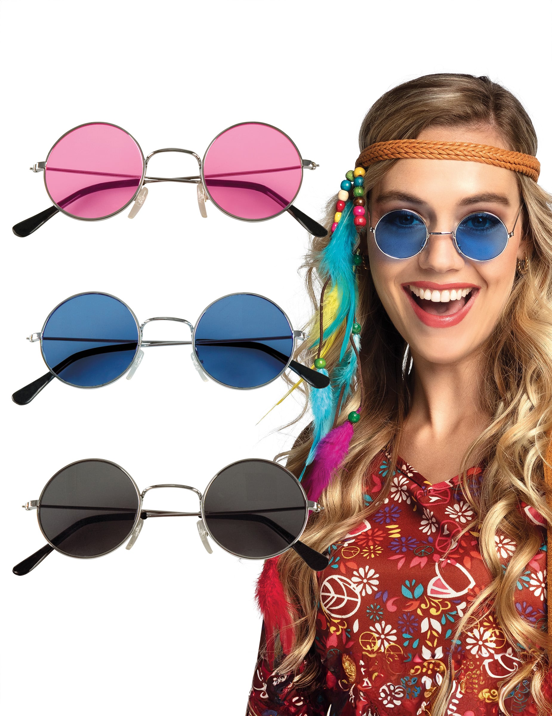 Hippiebrillen Set 3 Stk rosa blau und schwarz
