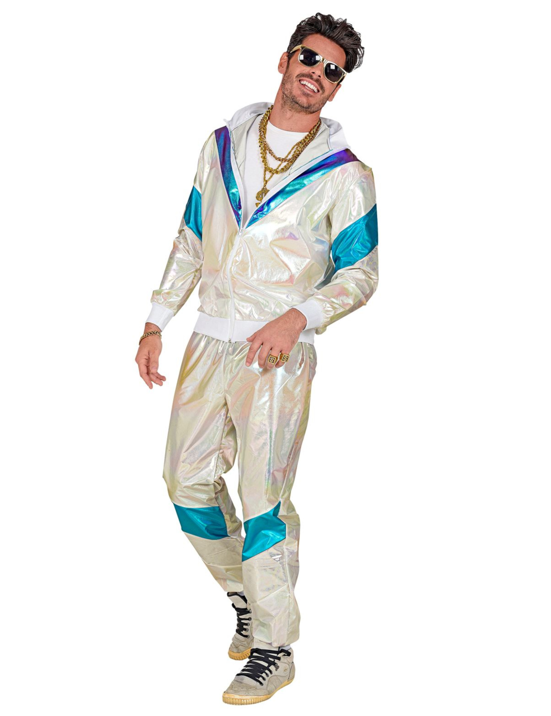 Holographischer Retro Trainingsanzug für Erwachsene weiss-blau