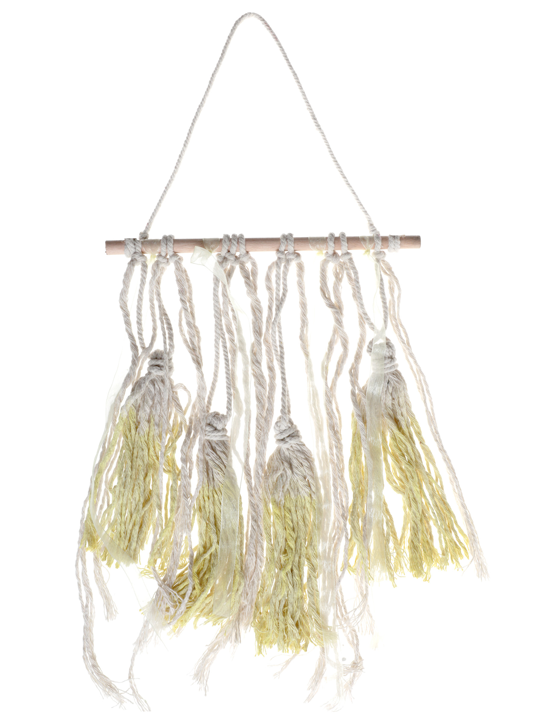 Holz-Hängedekoration mit gelben Pompons 24 x 50 cm Boho-Hochzeit Deko