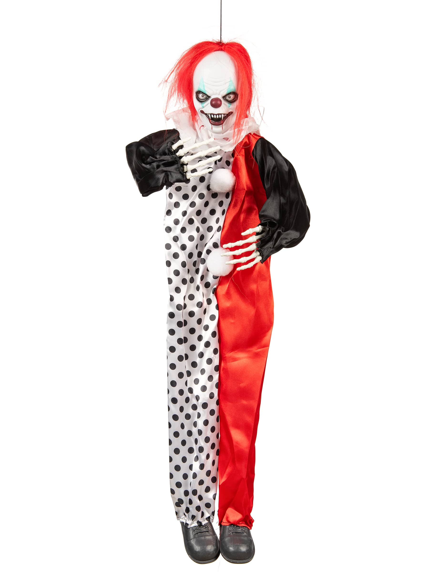 Horror-Clown mit Leuchtaugen Halloween-Deko-Figur schwarz-weiss-rot 90cm