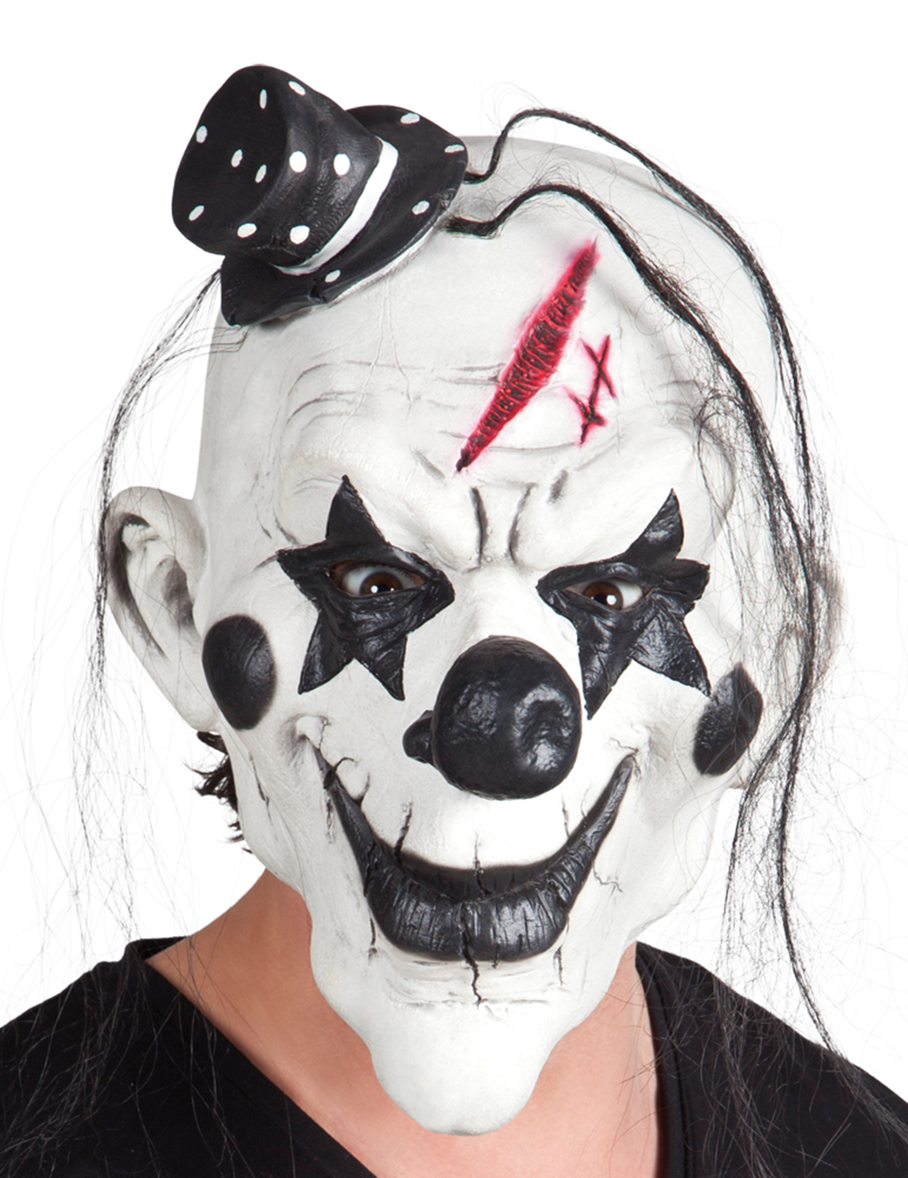 Horror-Harlekin-Maske mit Hut Horrorclown-Maske weiss-schwarz