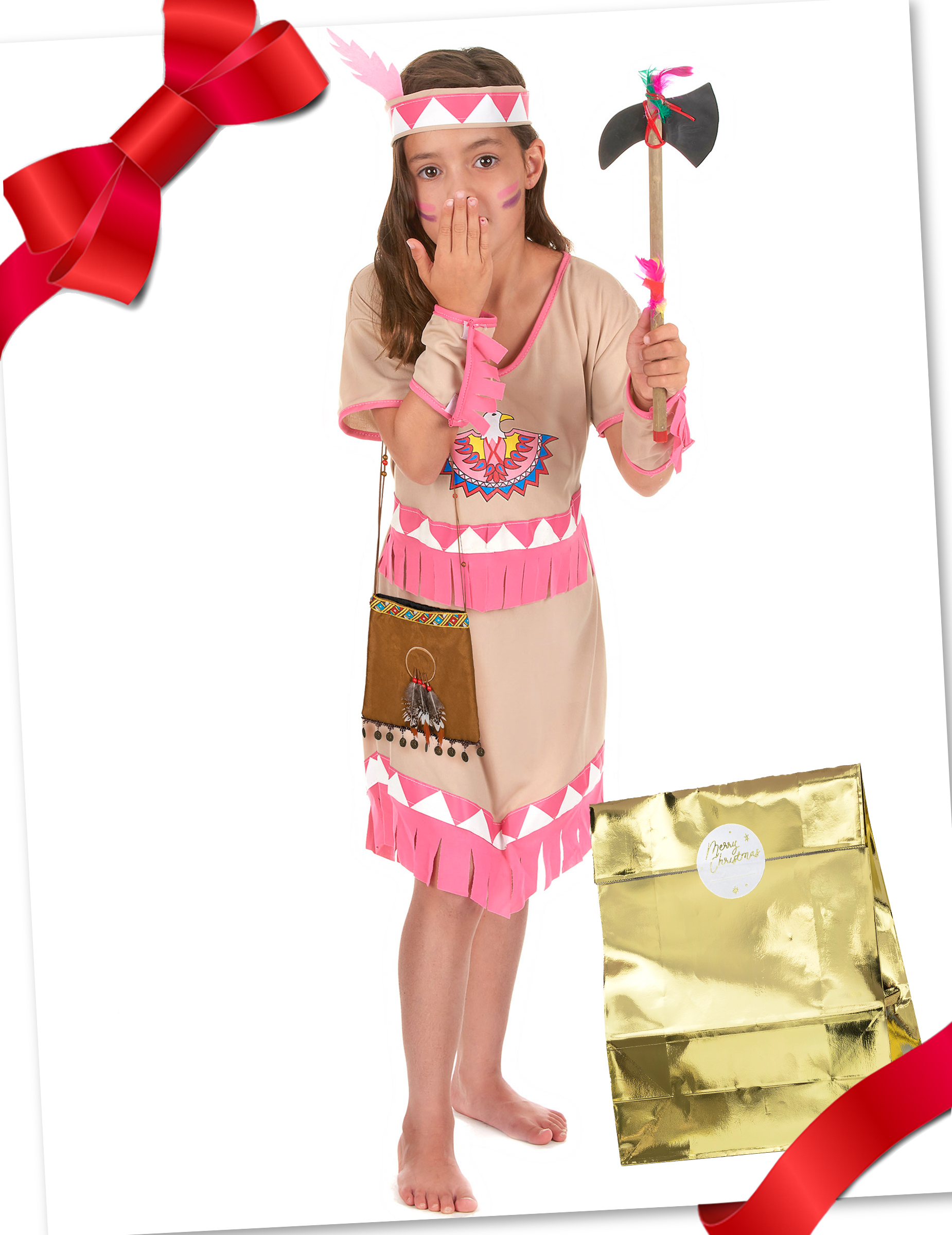 Indianer-Mädchenkostüm Geschenkset braun-rosa