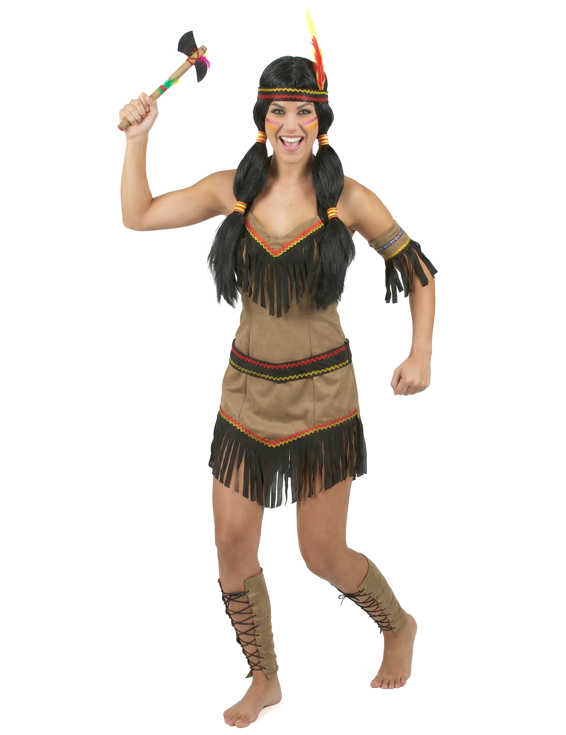 Indianerinnenkostüm Squaw-Verkleidung mit Fransen beige-schwarz-rot