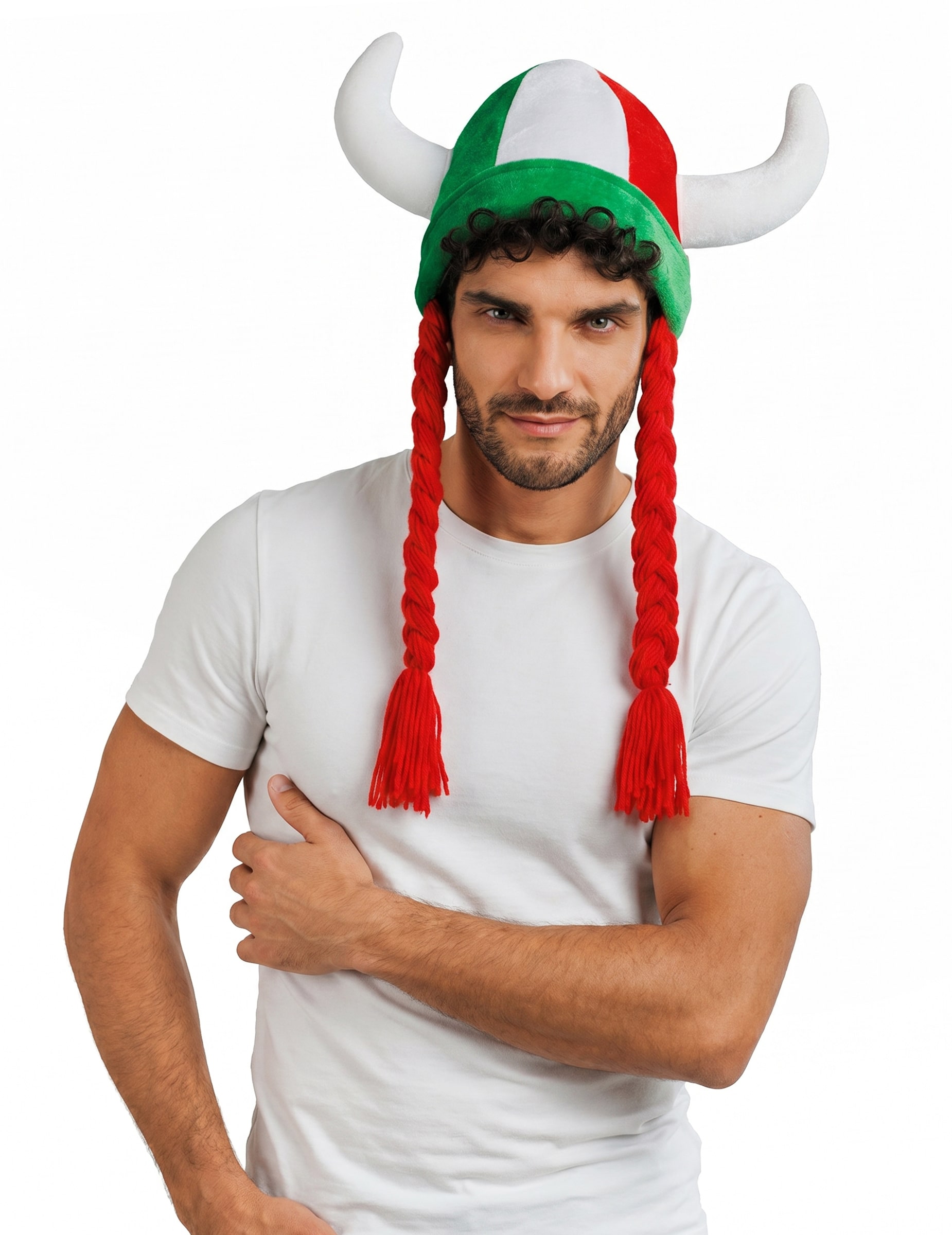 Italien Fan-Helm aus Stoff mit Hörnern und Zöpfen Grün Weiß Rot