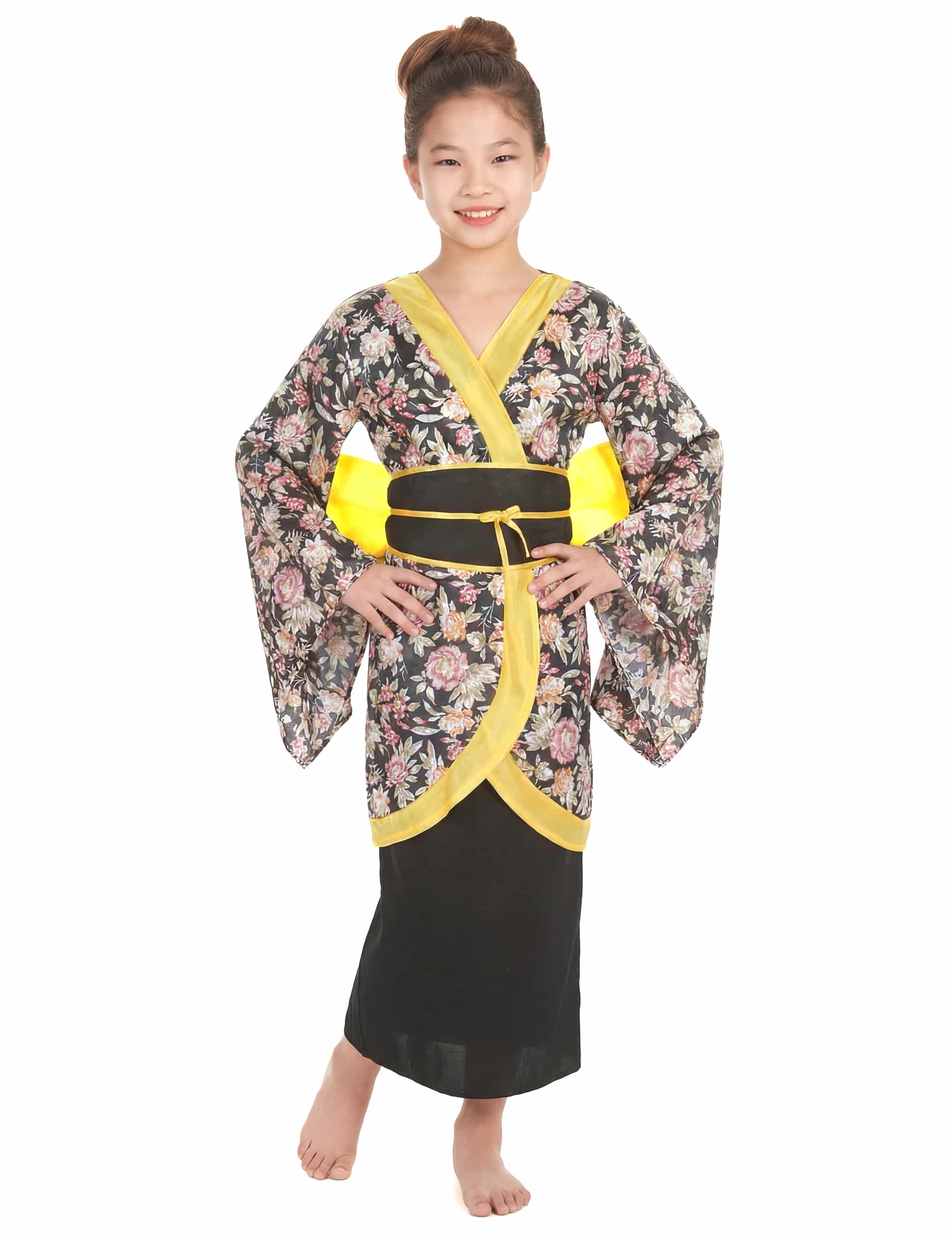 Japanerin Mädchenkostüm Geisha-Kostüm schwarz-gelb-bunt