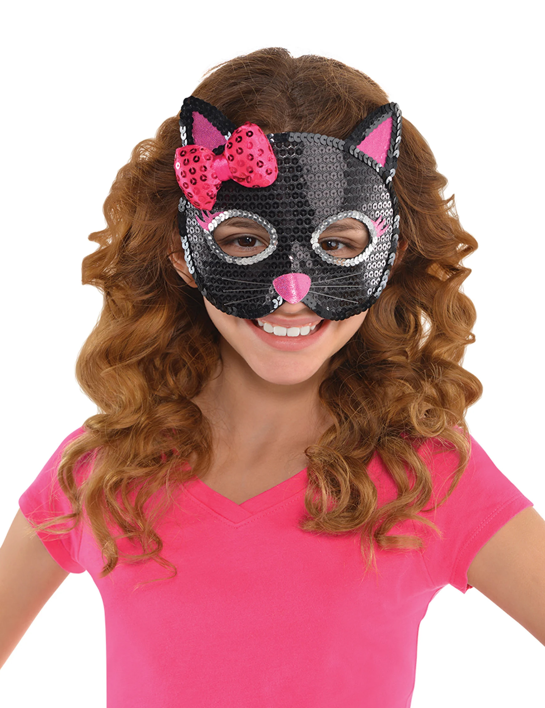 Katzen-Kindermaske mit Pailletten schwarz-pink