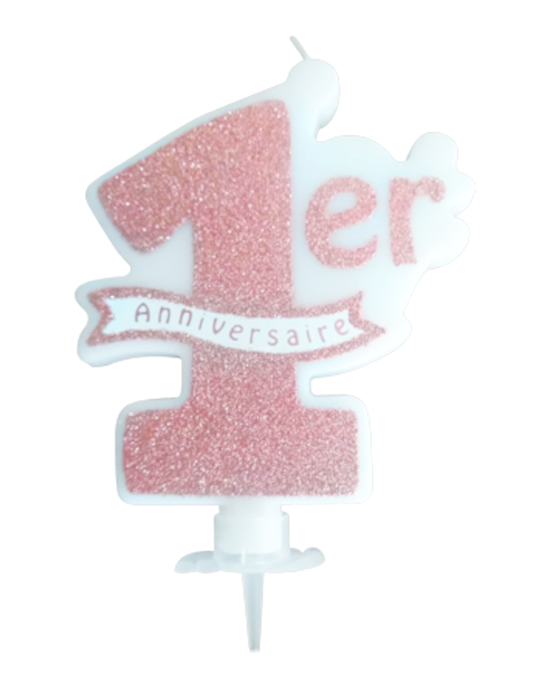 Kerze 1. Geburtstag Rosegold Glitzer 10 x 8 cm mit Halter für Kuchen