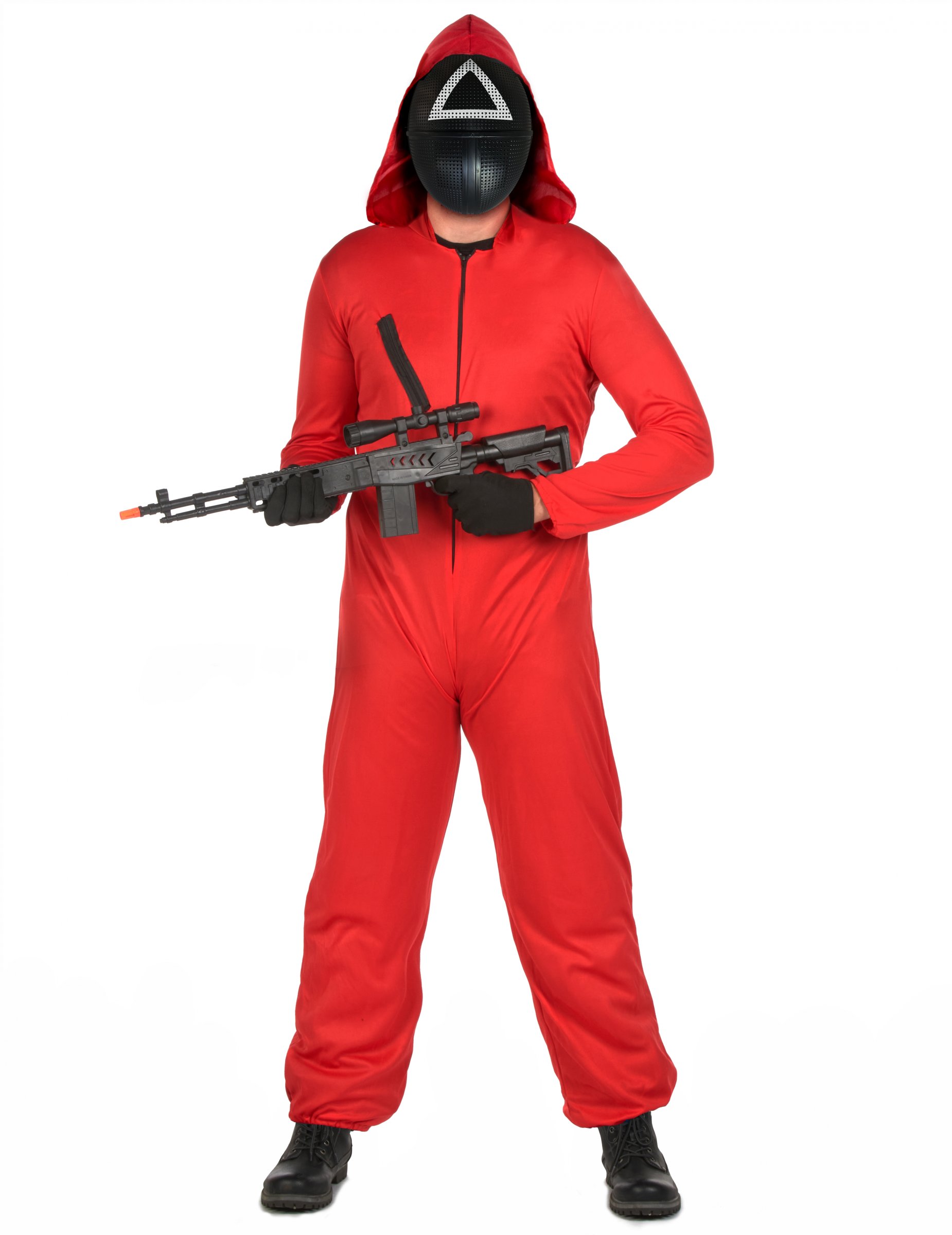 Killerwächter-Kostümset mit Kunststoffmaske für Erwachsene koreanische Horrorserie rot-schwarz-weiß
