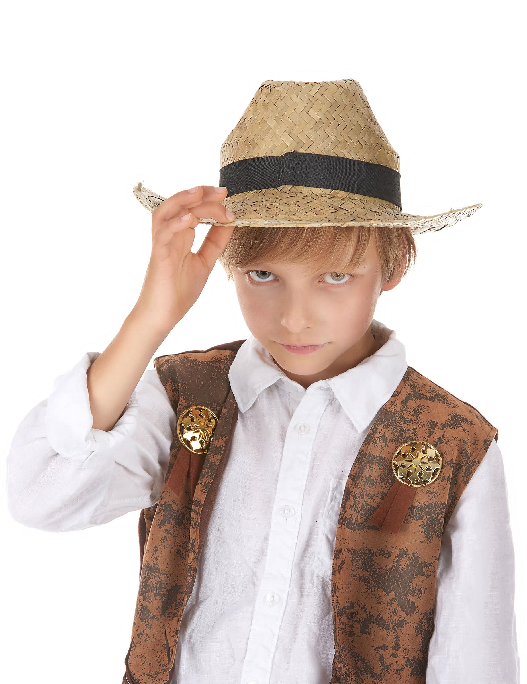 Kinder-Strohhut mit Hutband beige-schwarz