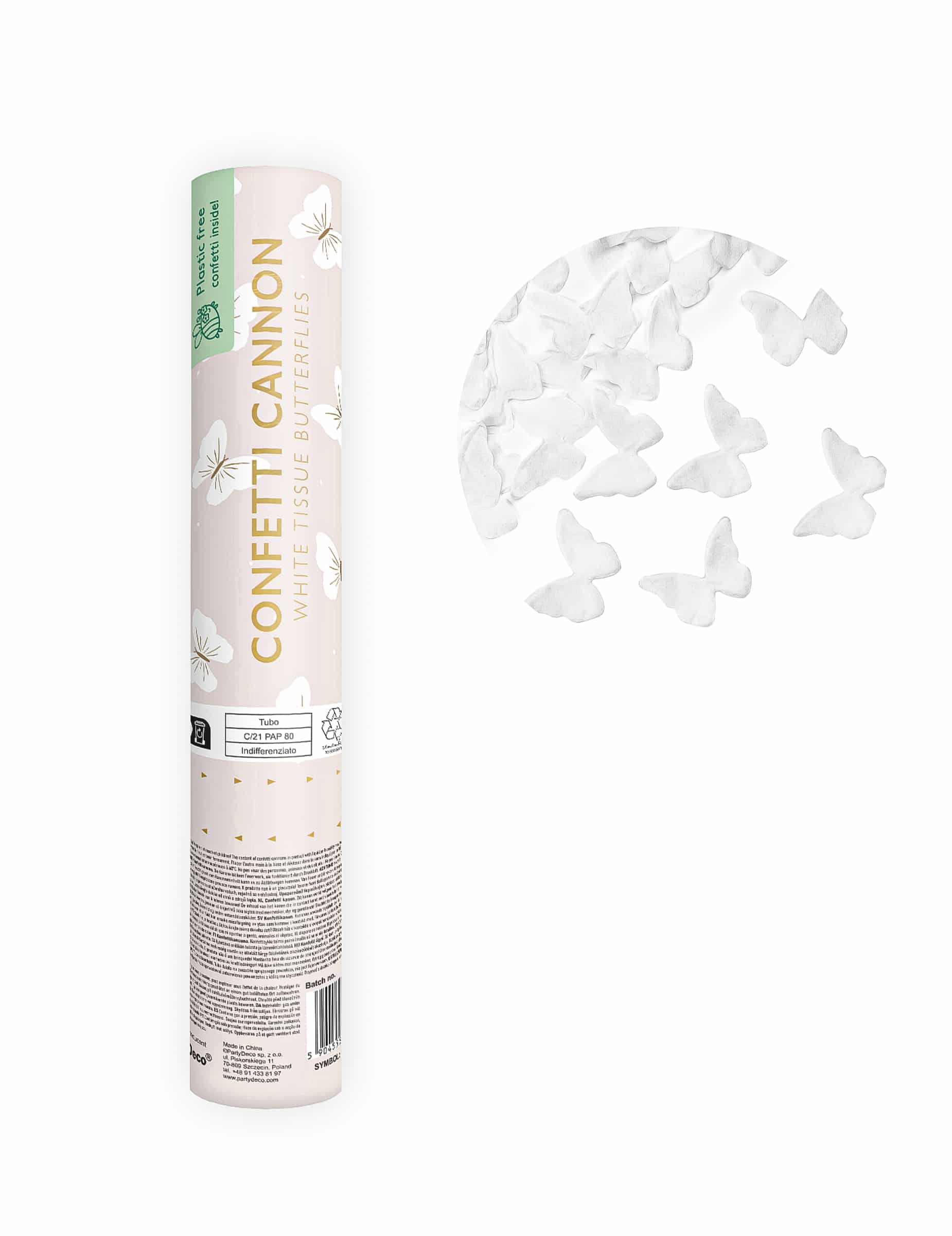 Konfetti-Kanone weiße Schmetterlinge 20 cm