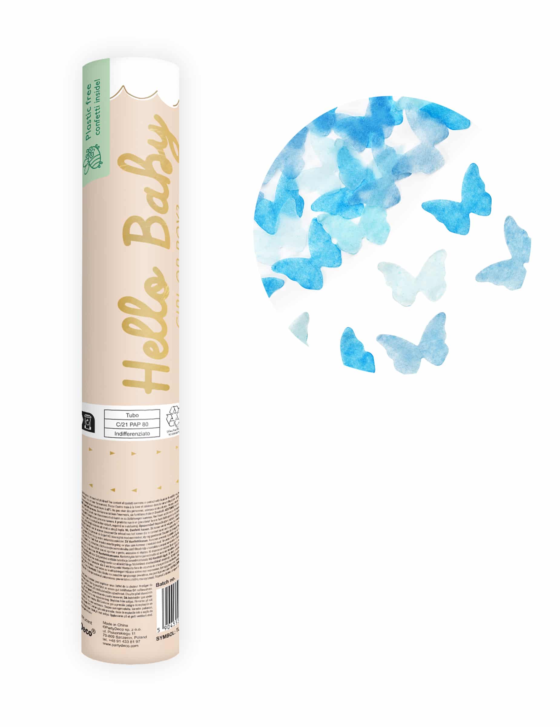 Konfettikanone Gender Reveal blaue Schmetterlinge 20 cm