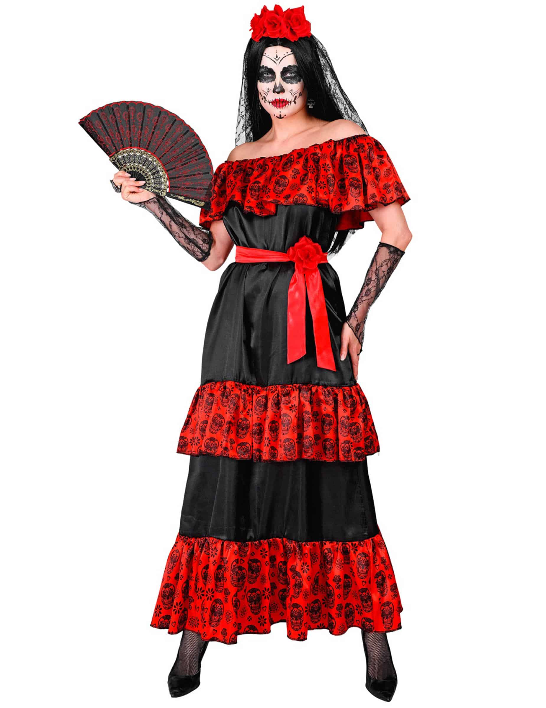 Kostüm Tag der Toten für Damen Schwarz Rot Mexikanischer Stil