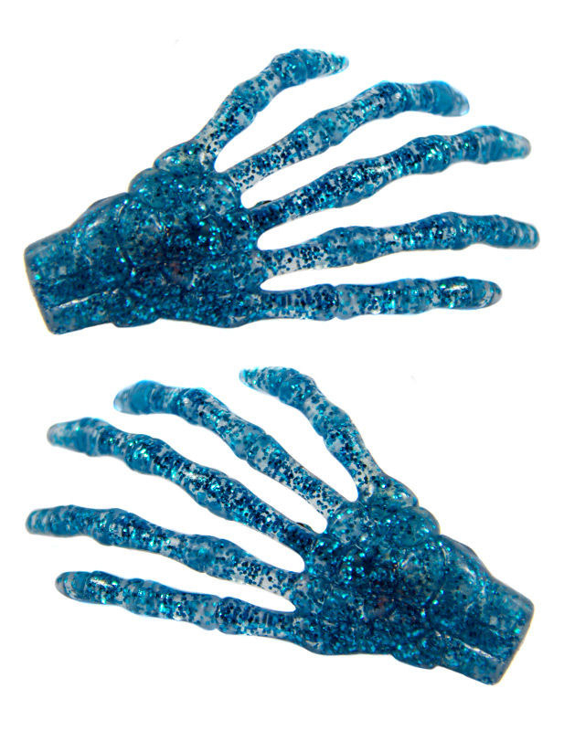 Kreepsville-Haarklammern Glitzernde Skeletthände 2 Stück blau 7cm
