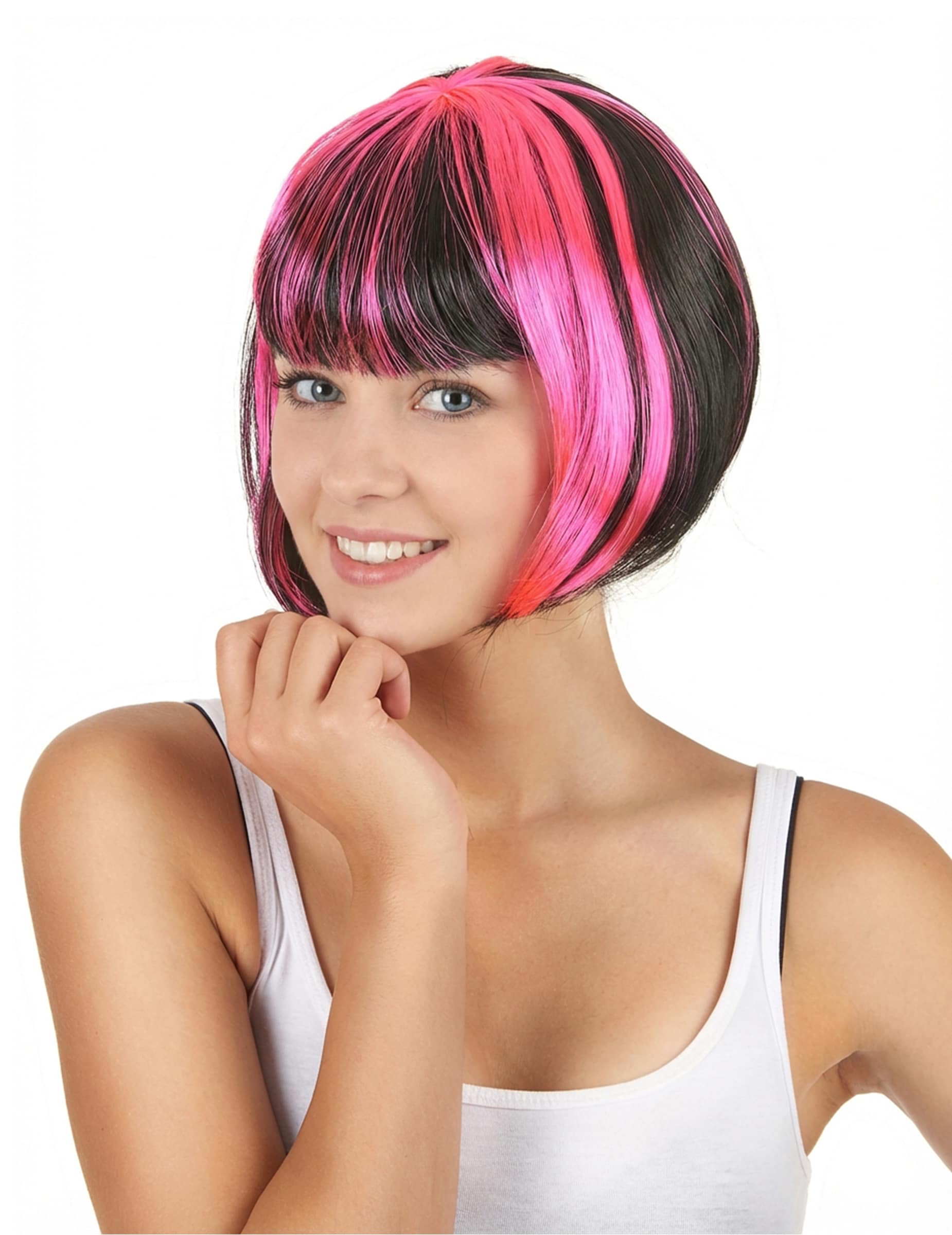 Kurze Bob-Perücke für Damen schwarz-rosa