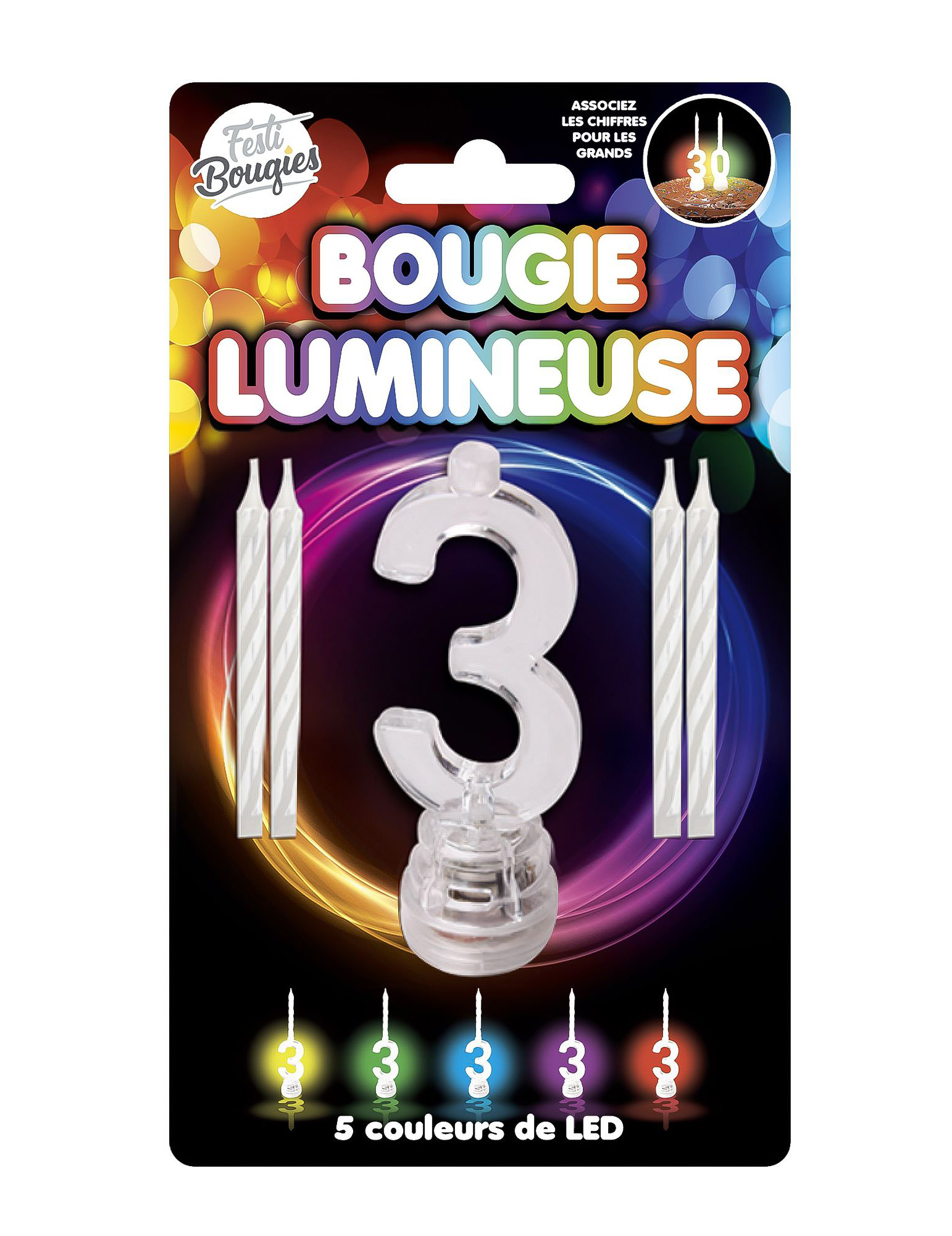 LED-Kerze Zahl 3 Kuchendeko 4 Stück bunt